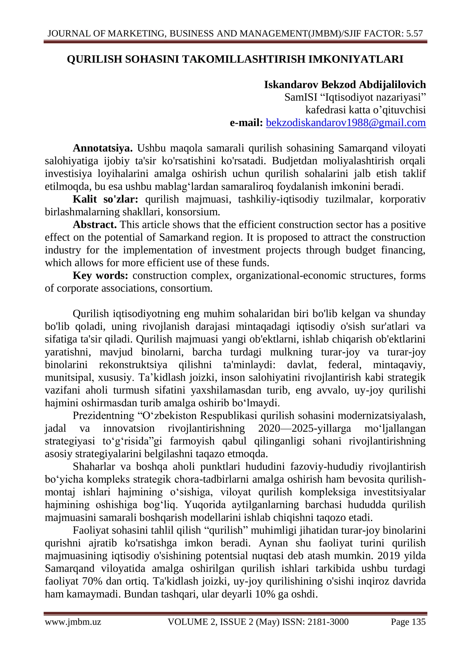 QURILISH SOHASINI TAKOMILLASHTIRISH IMKONIYATLARI
