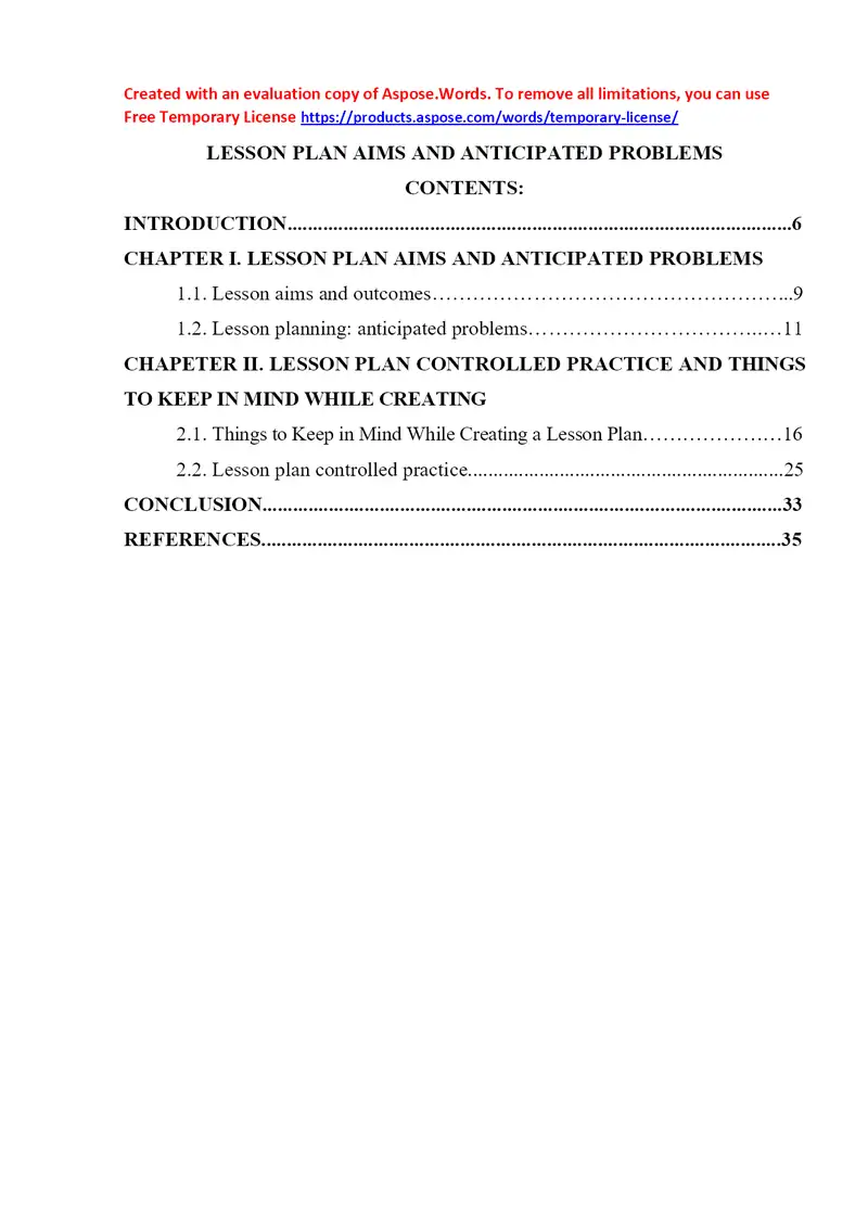 Lesson Plan Aims and Anticipated Problems