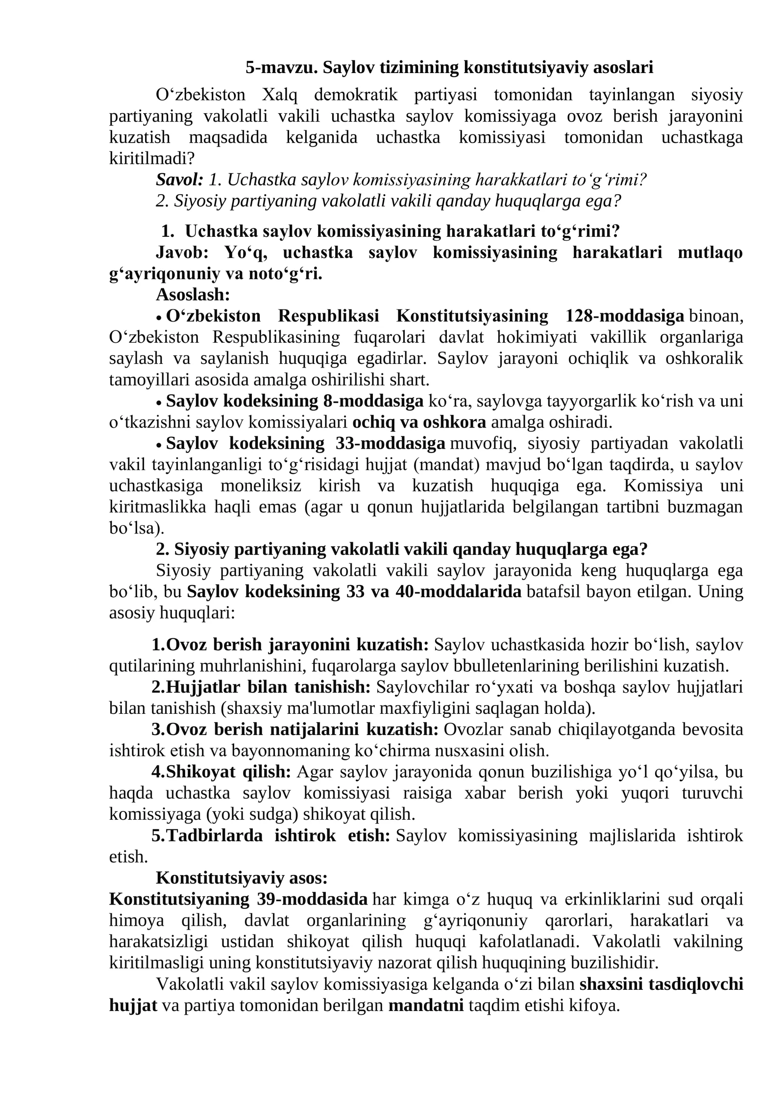5-mavzu. Saylov tizimining konstitutsiyaviy asoslari