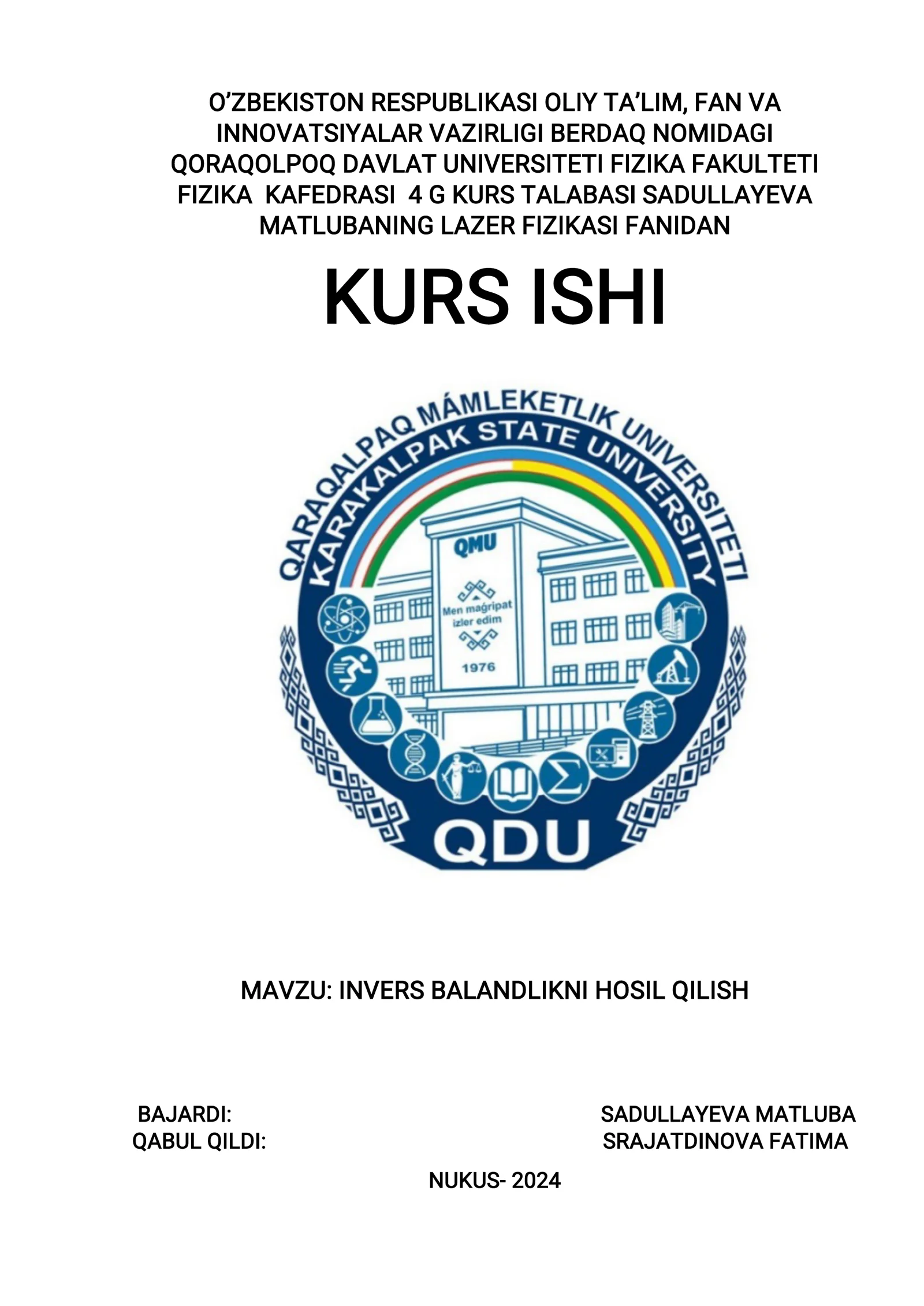 LAZER FIZIKASI FANIDAN KURS ISHI