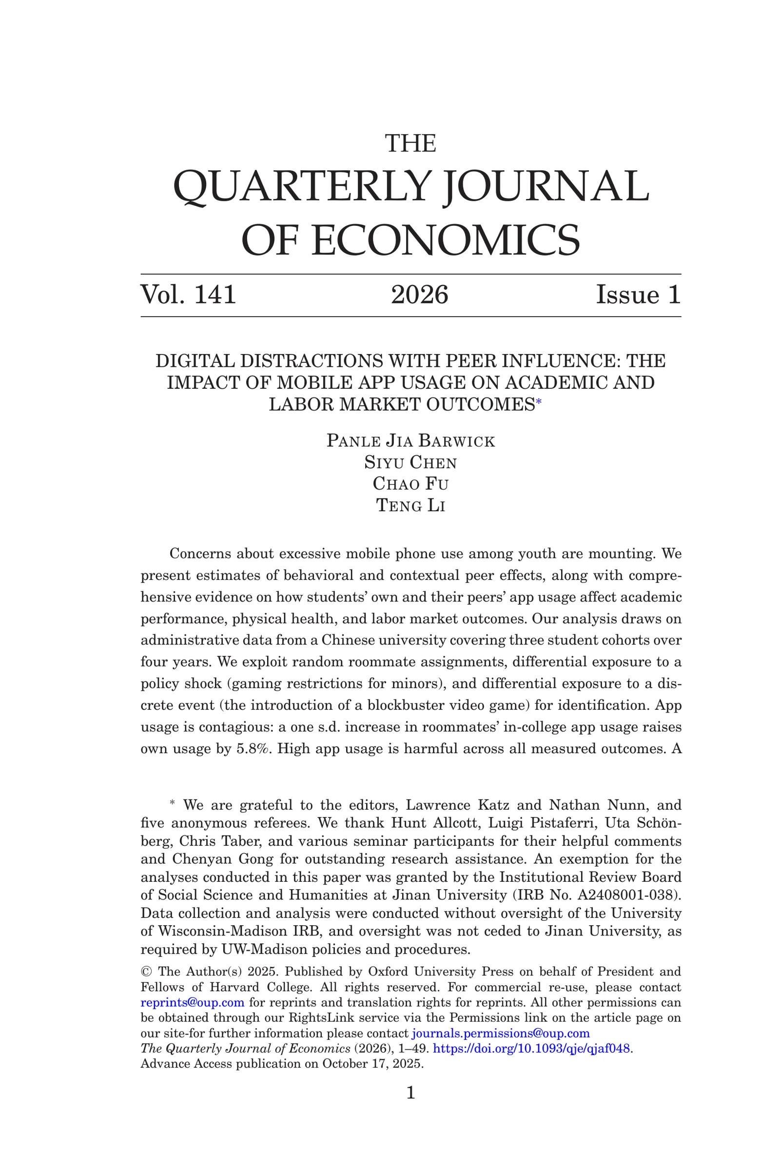 DIGITAL DISTRACTIONS WITH PEER INFLUENCE: THE IMPACT OF MOBILE APP USAGE ON ACADEMIC AND LABOR MARKET OUTCOMES