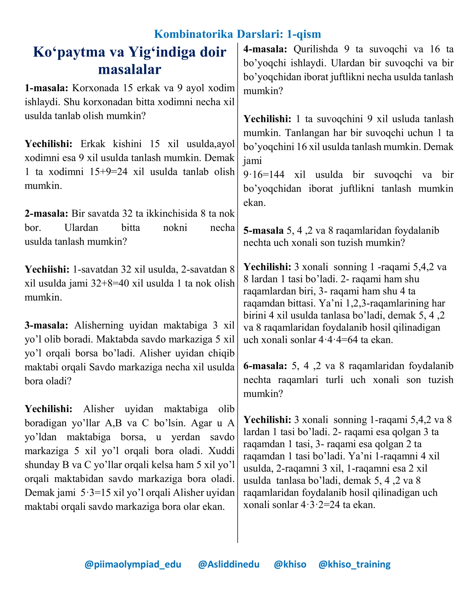 Kombinatorika Darslari: 1-qism