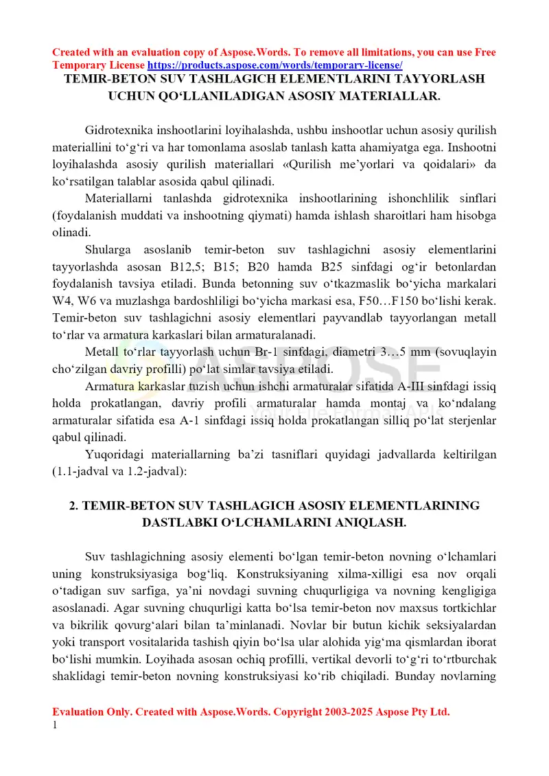 Temir-beton suv tashlagich elementlarini tayyorlash uchun asosiy materiallar