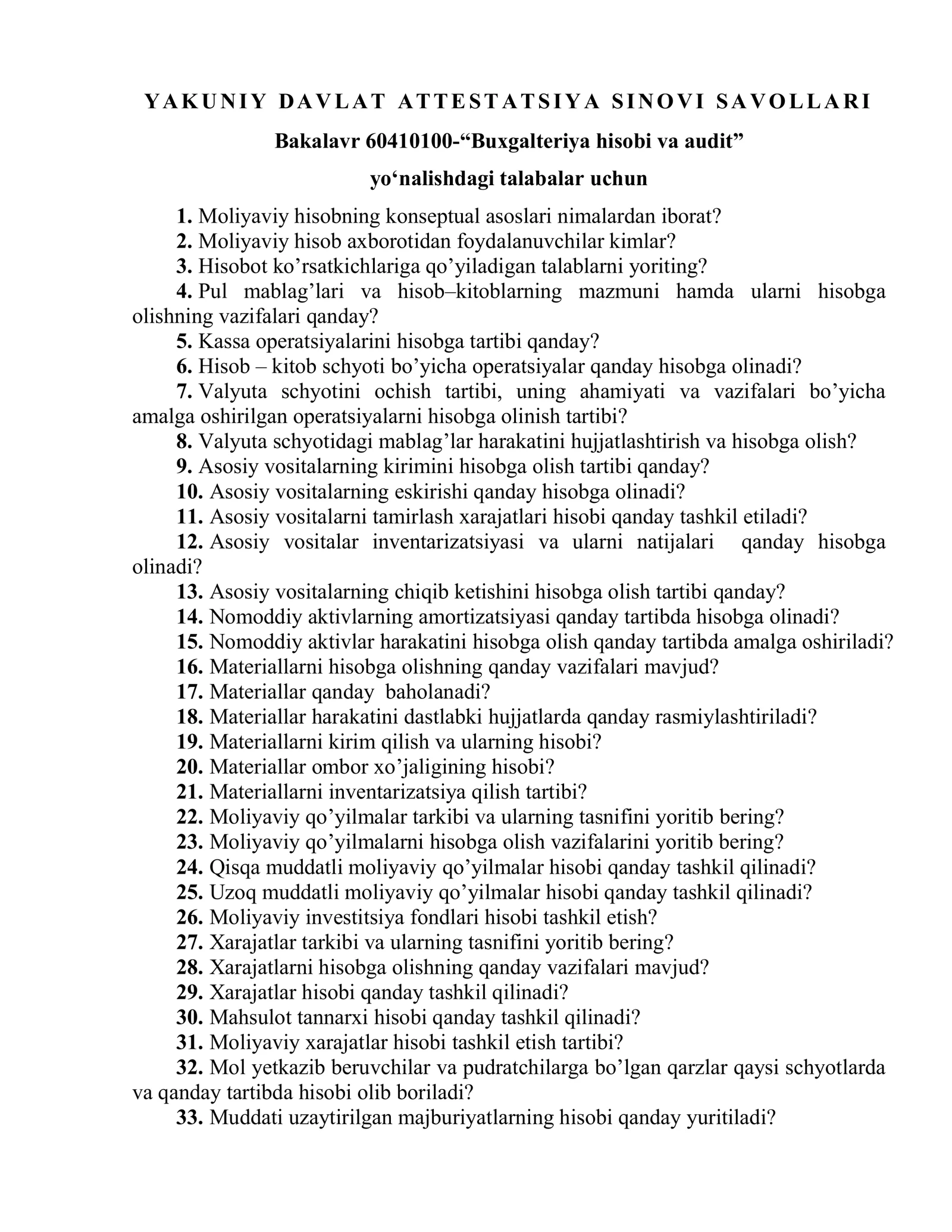 Buxgalteriya hisobi va audit” yo‘nalishdagi talabalar uchun