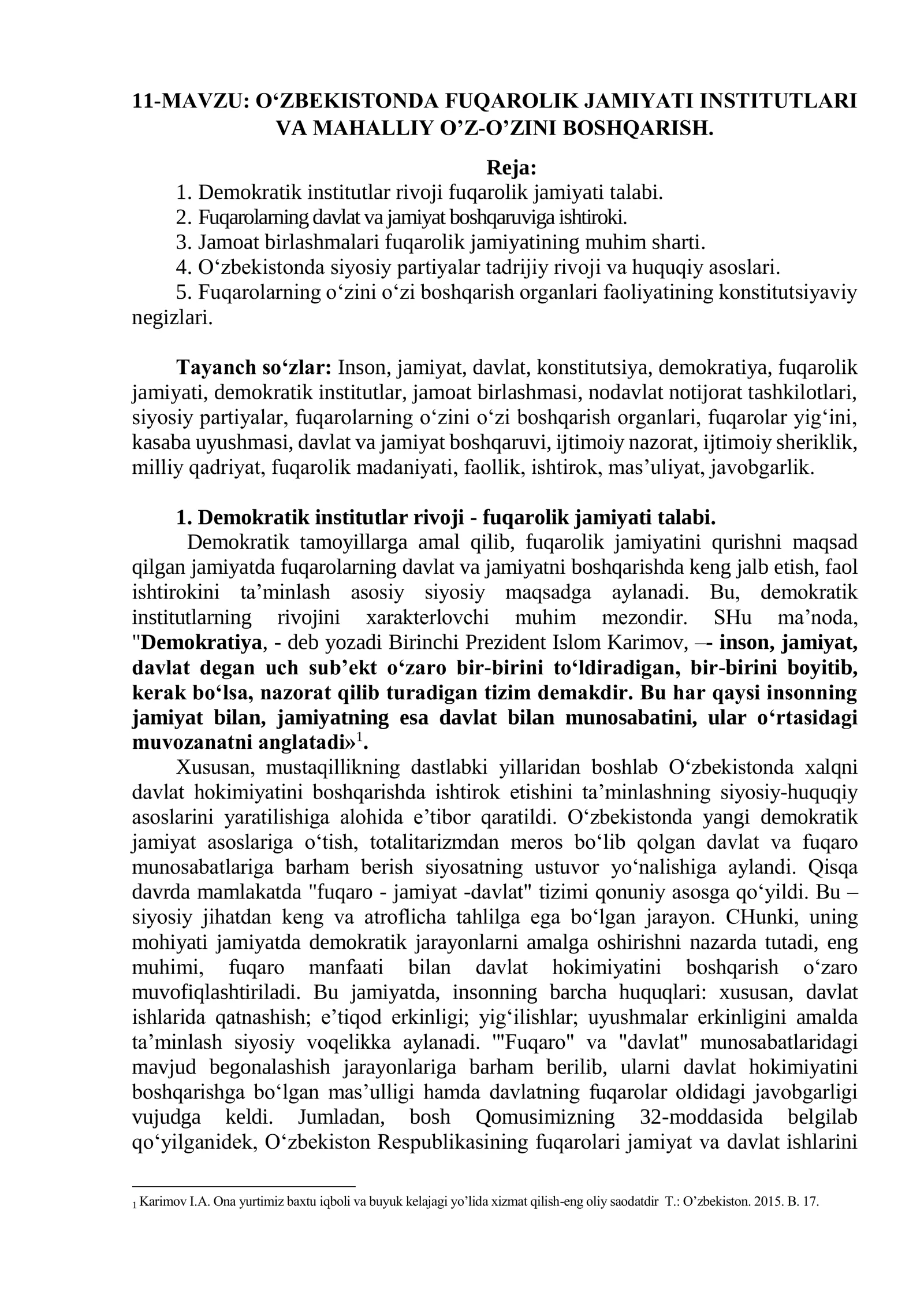 O‘ZBEKISTONDA FUQAROLIK JAMIYATI INSTITUTLARI VA MAHALLIY O’Z-O’ZINI BOSHQARISH