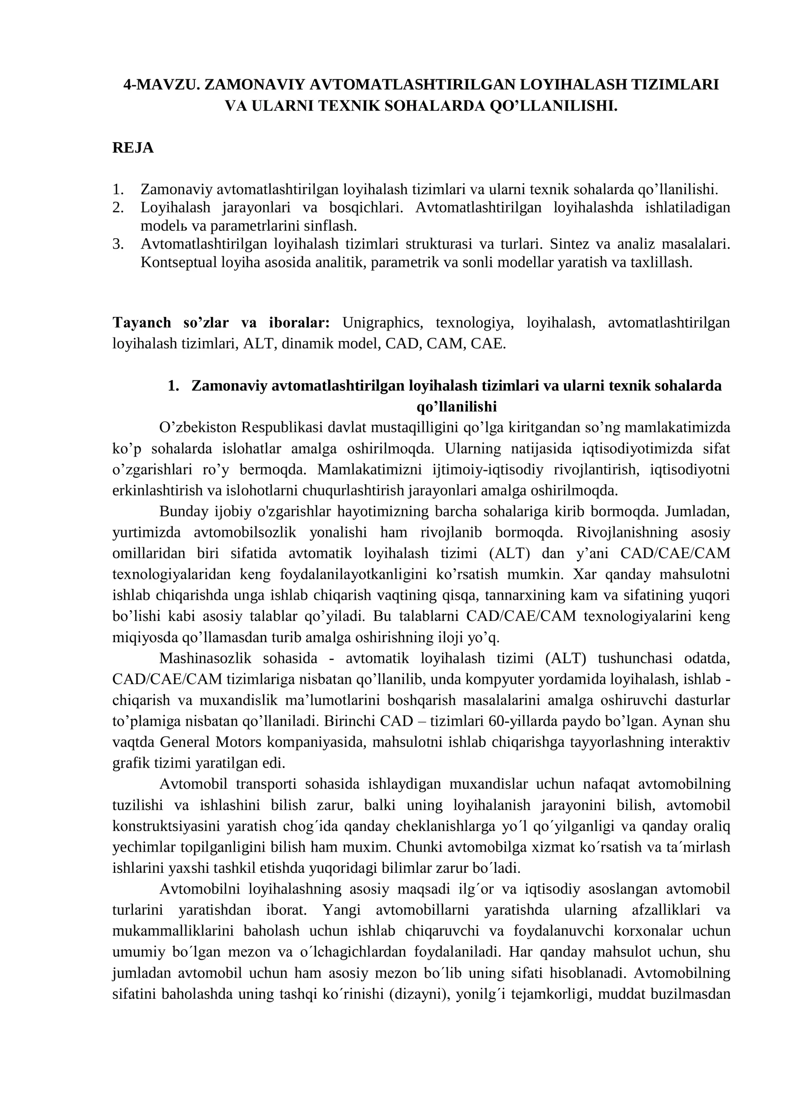 ZAMONAVIY AVTOMATLASHTIRILGAN LOYIHALASH TIZIMLARI VA ULARNI TEXNIK SOHALARDA QO’LLANILISHI