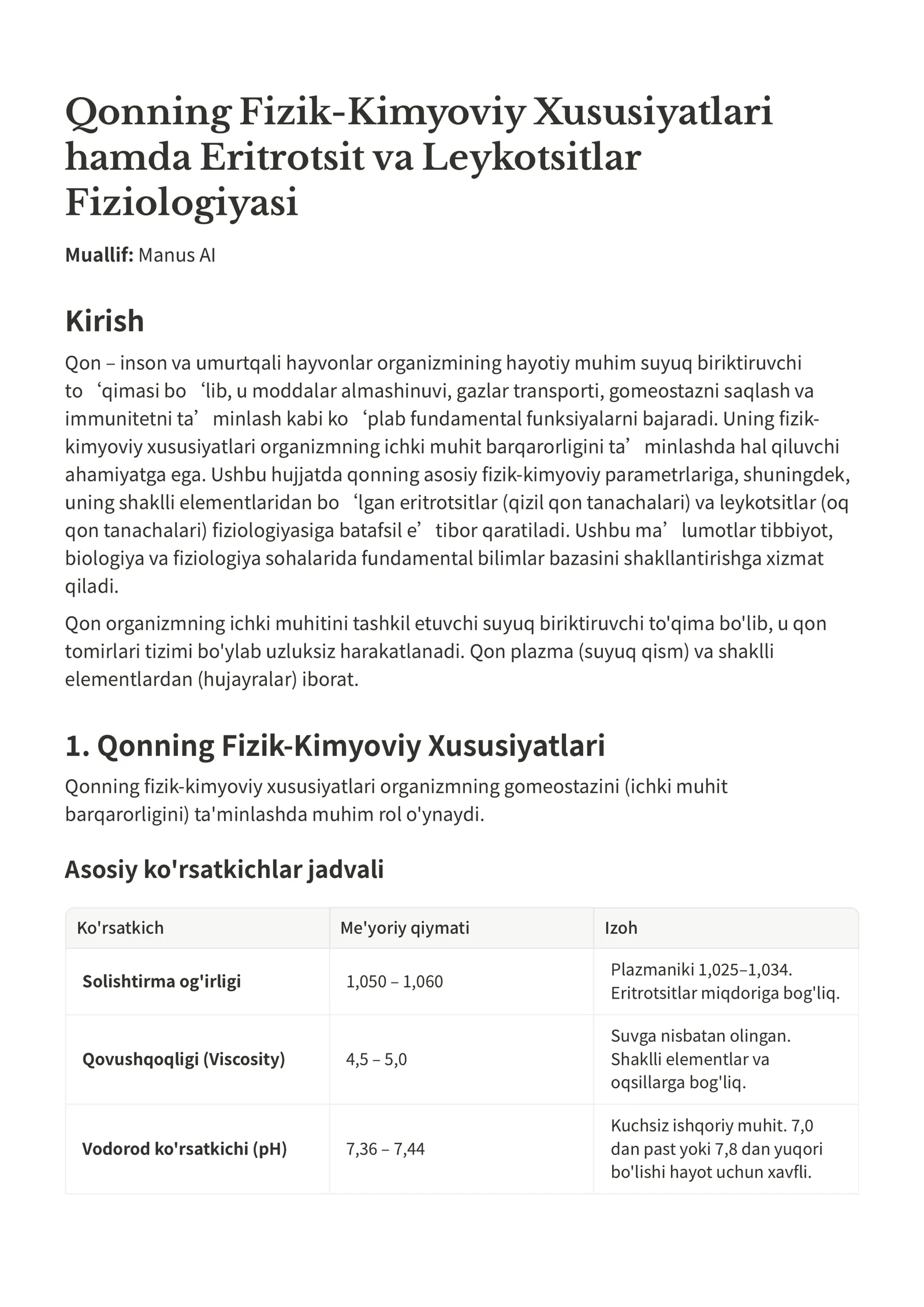 Qonning Fizik-Kimyoviy Xususiyatlari