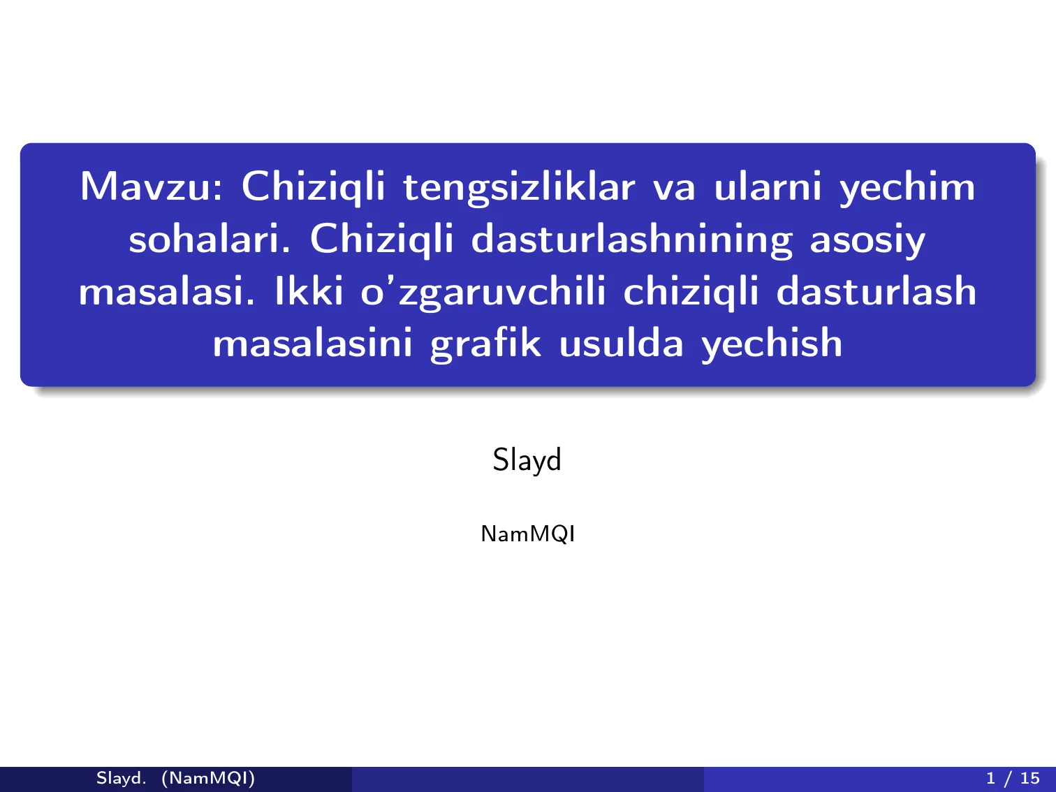 Chiziqli tengsizliklar va ularni yechim sohalari. Chiziqli dasturlashnining asosiy masalasi. Ikki o’zgaruvchili chiziqli dasturlash masalasini grafik usulda yechish