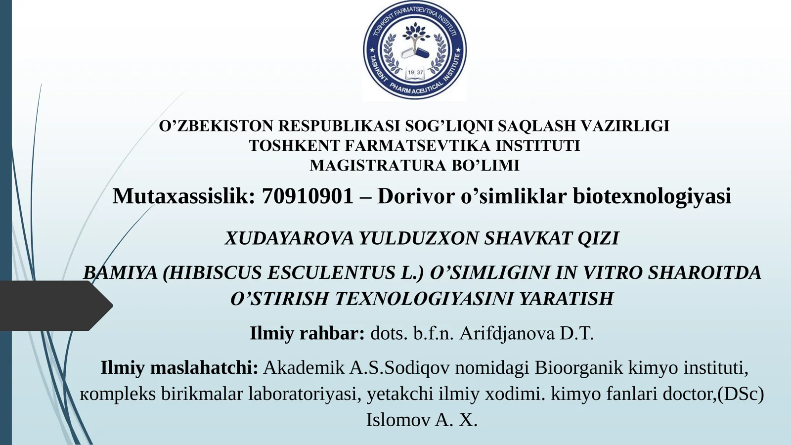 BAMIYA (HIBISCUS ESCULENTUS L.) O’SIMLIGINI IN VITRO SHAROITDA O’STIRISH TEXNOLOGIYASINI YARATISH