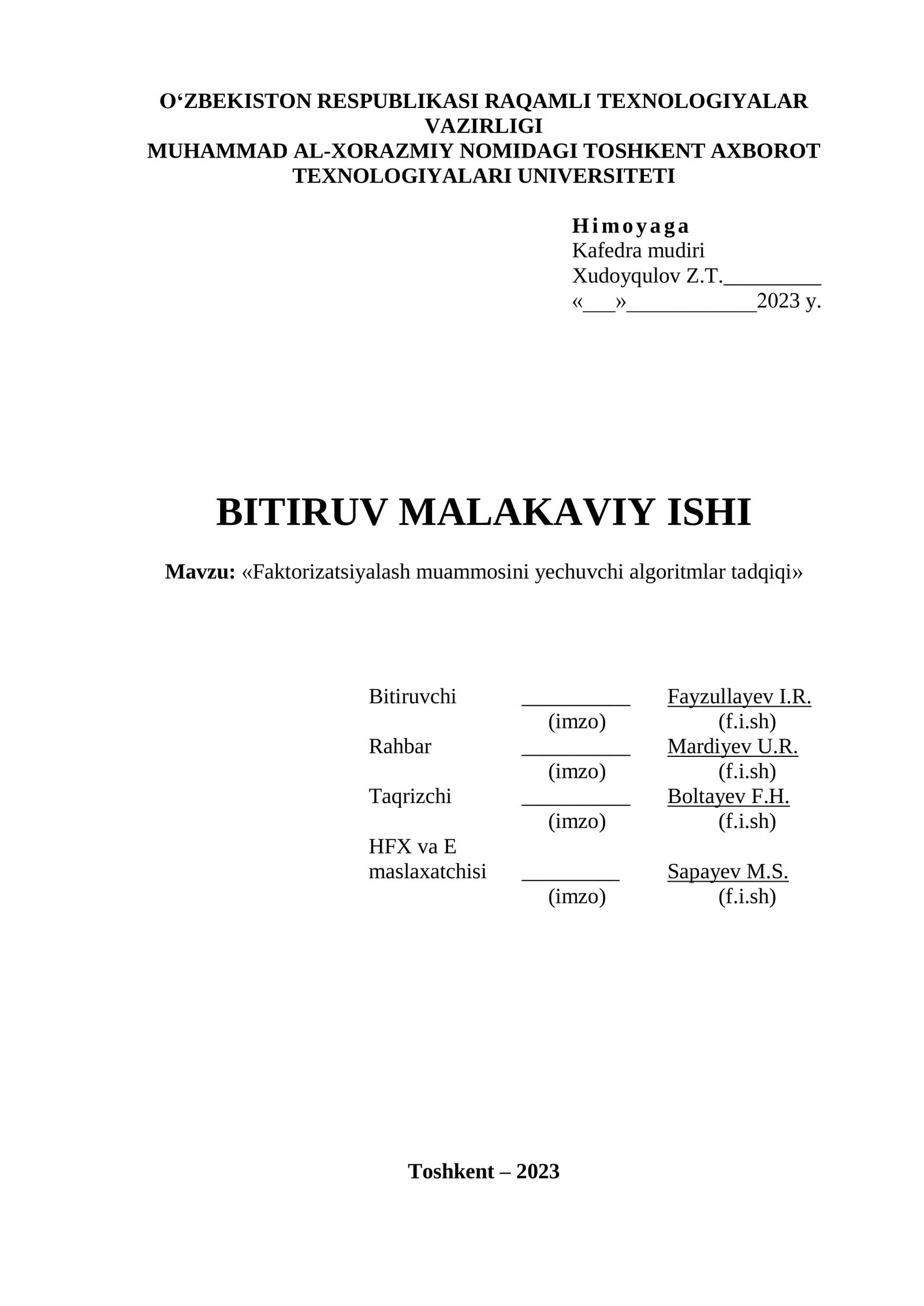 Faktorizatsiyalash muammosini yechuvchi algoritmlar tadqiqi