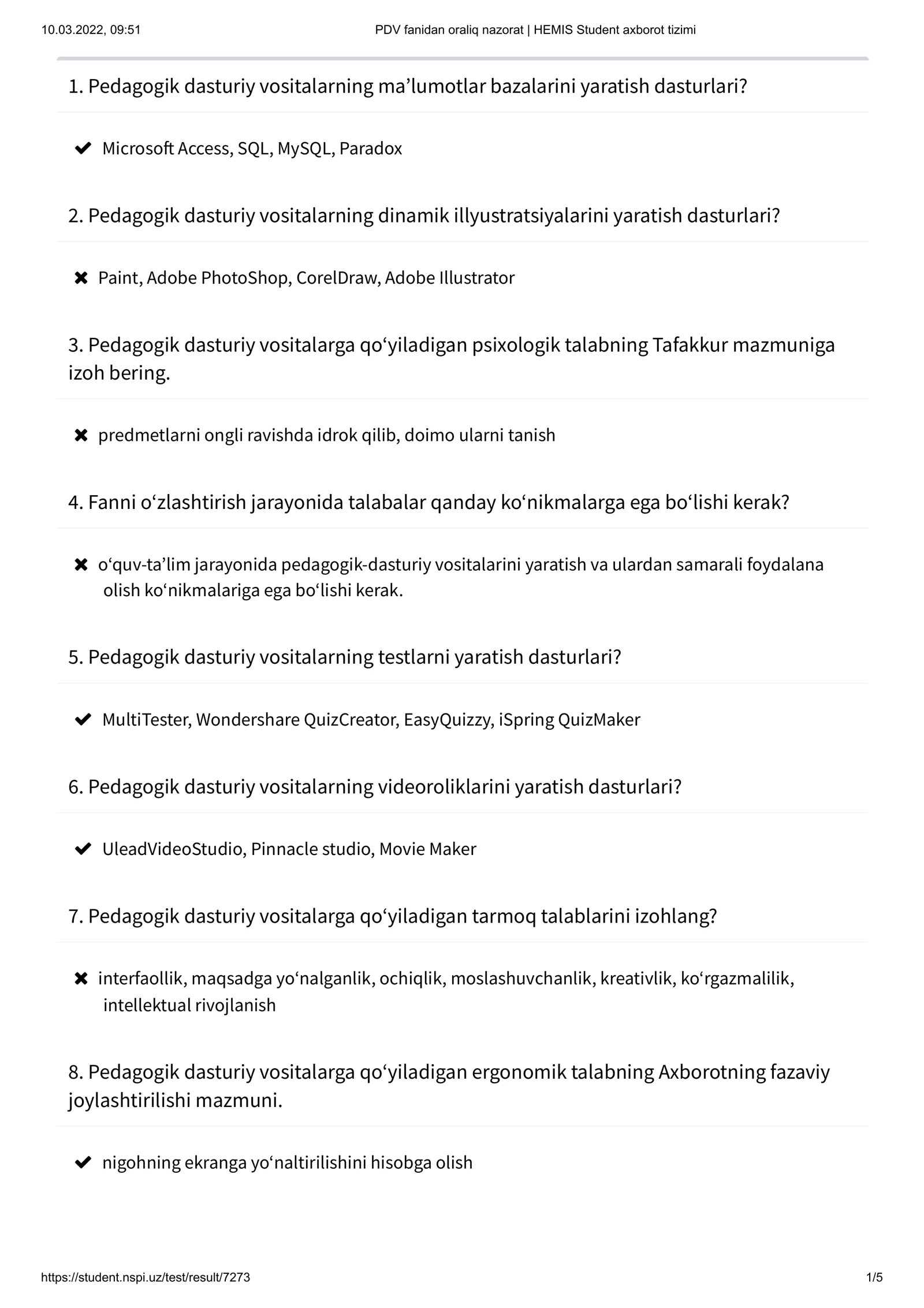 PDV fanidan oraliq nazorat | HEMIS Student axborot tizimi