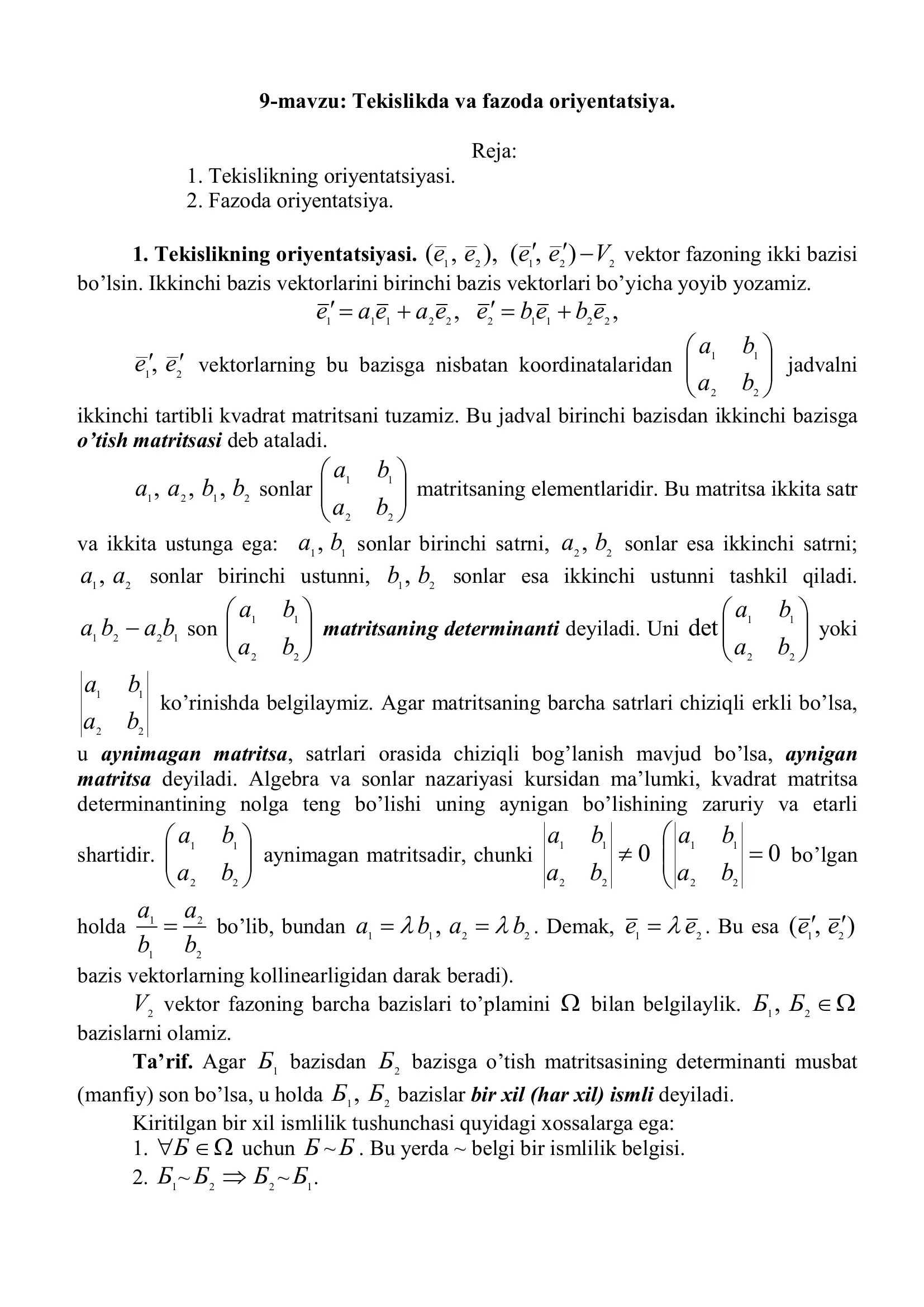 Tеkislikda va fazоda оriyеntatsiya