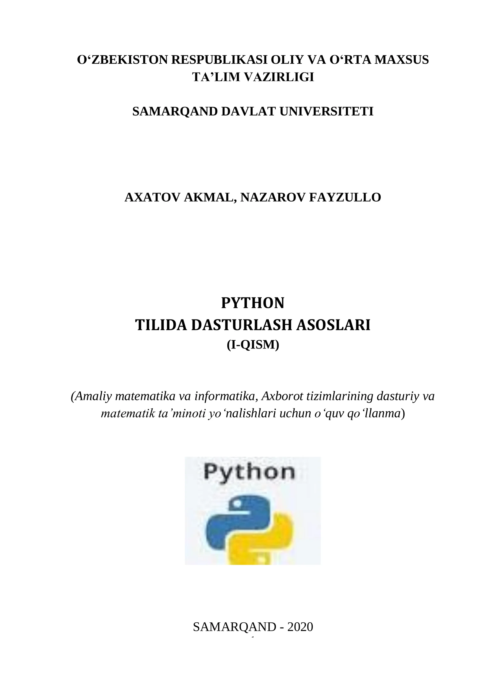 PYTHON TILIDA DASTURLASH ASOSLARI (I-QISM)
