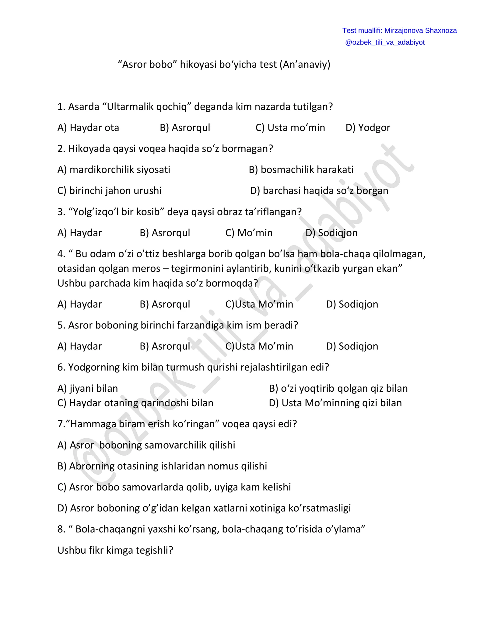 “Asror bobo” hikoyasi bo‘yicha test (An’anaviy)