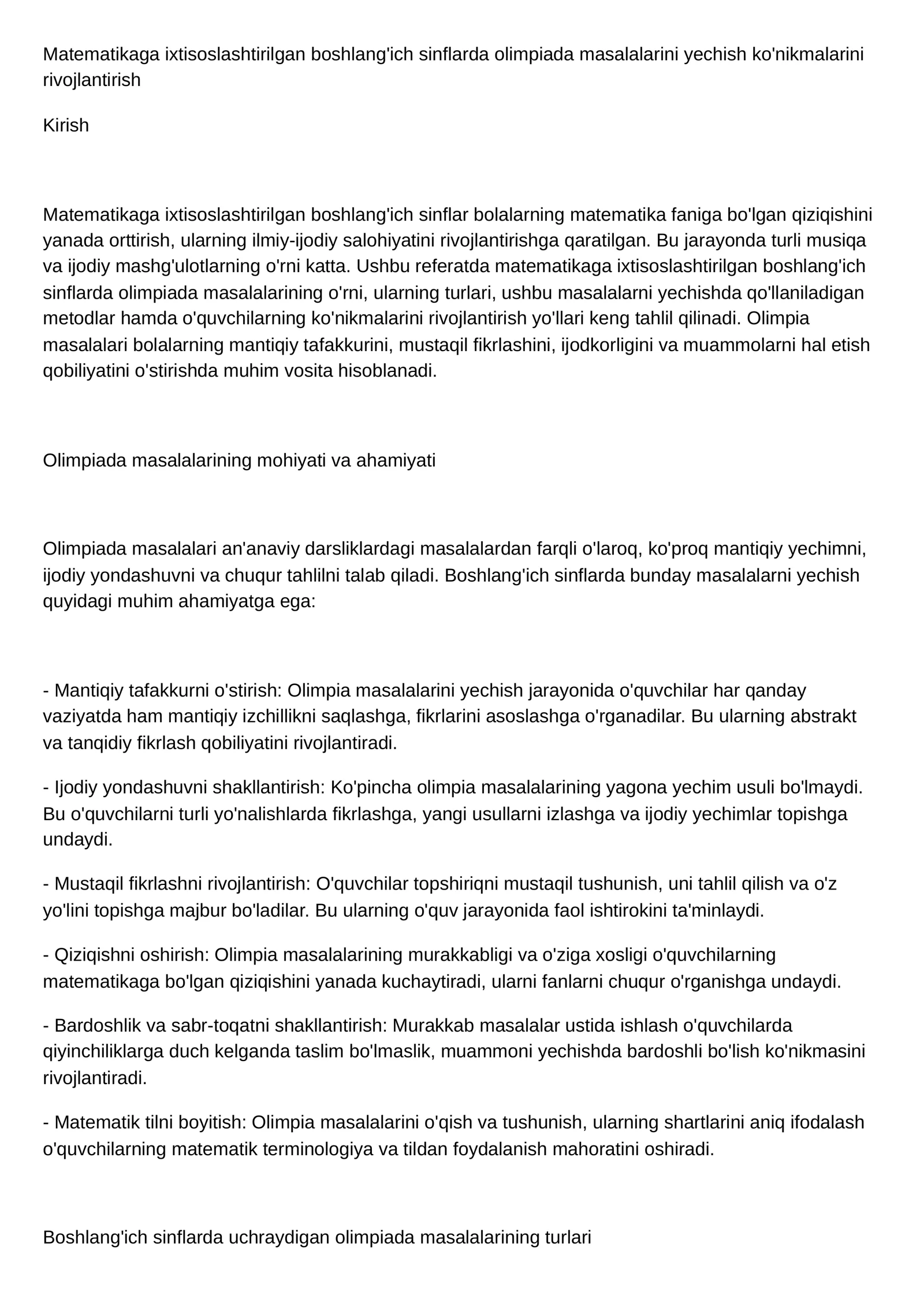 Matematikaga ixtisoslashtirilgan boshlang'ich sinflarda olimpiada masalalarini yechish ko'nikmalarini rivojlantirish
