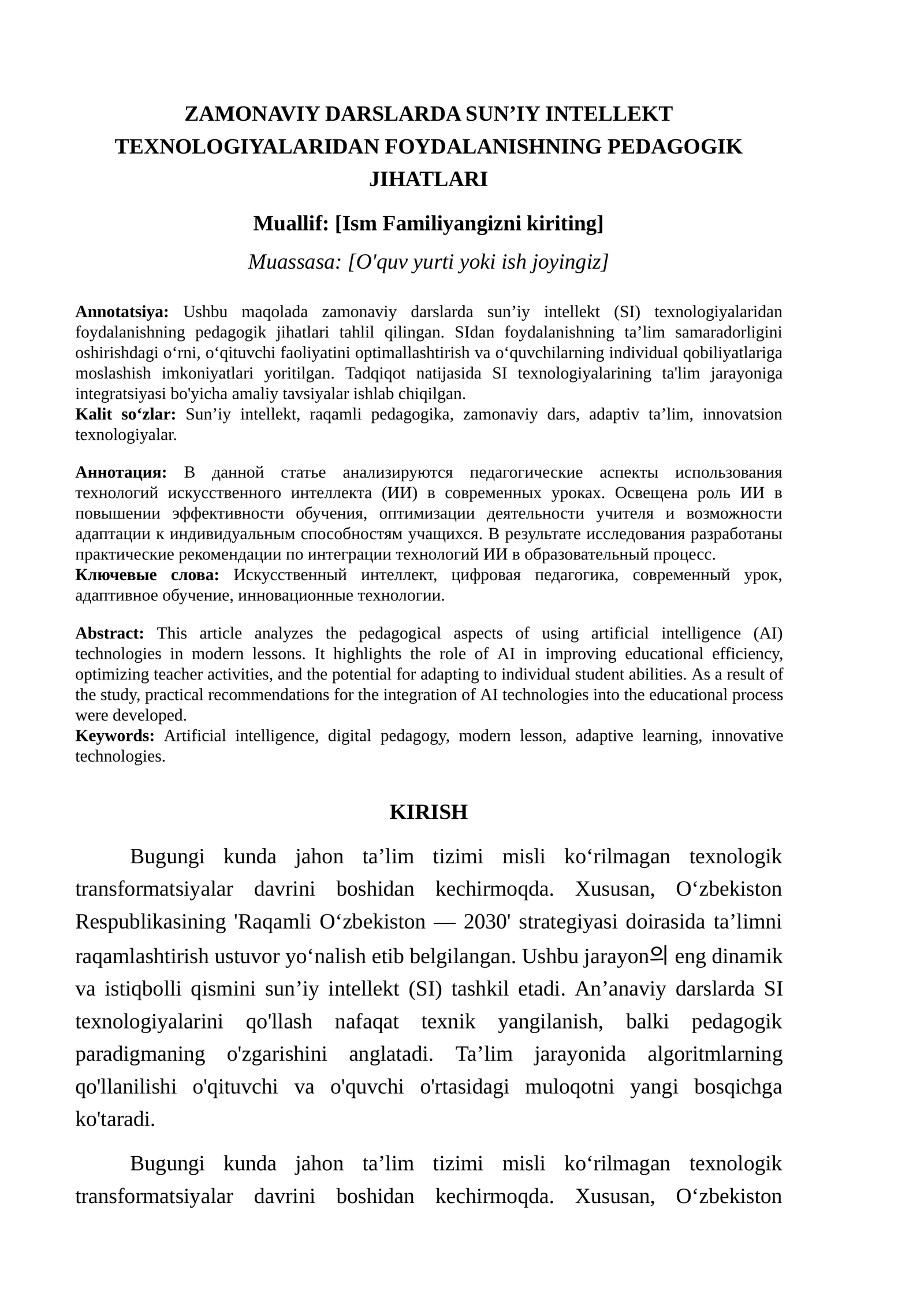 ZAMONAVIY DARSLARDA SUN’IY INTELLEKT TEXNOLOGIYALARIDAN FOYDALANISHNING PEDAGOGIK JIHATLARI