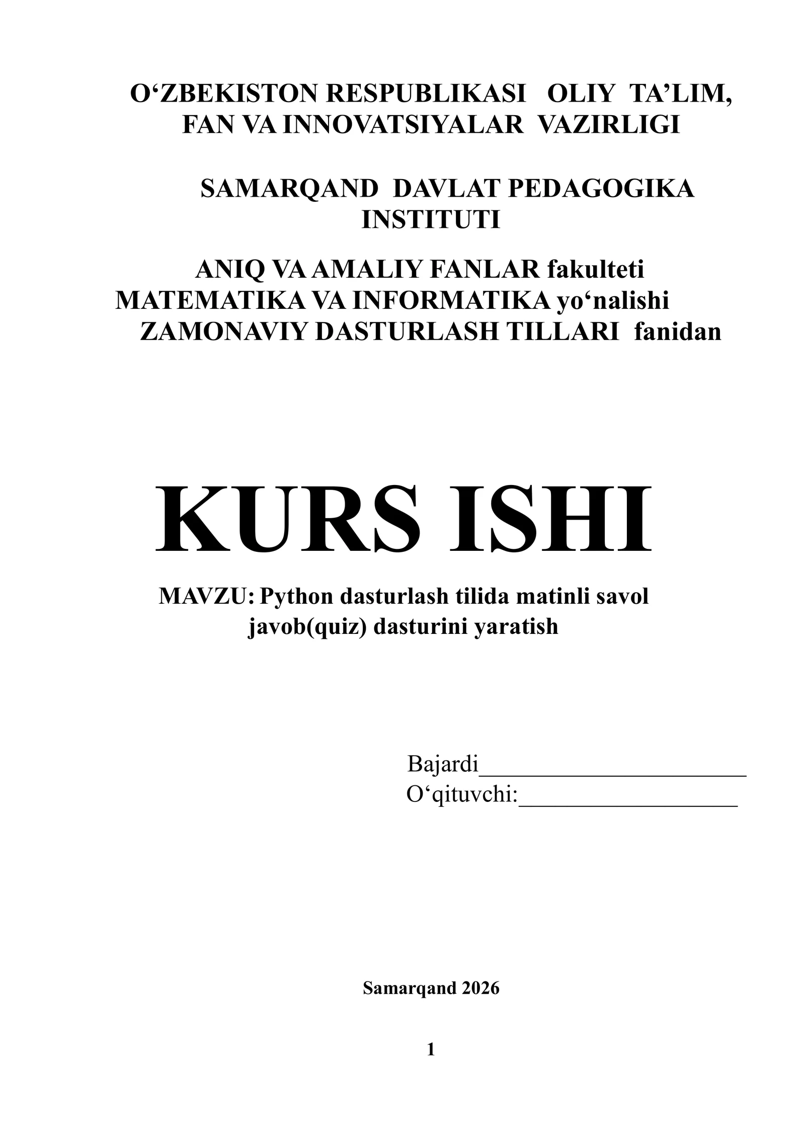 Python dasturlash tilida matinli savol javob quiz dasturini yaratish