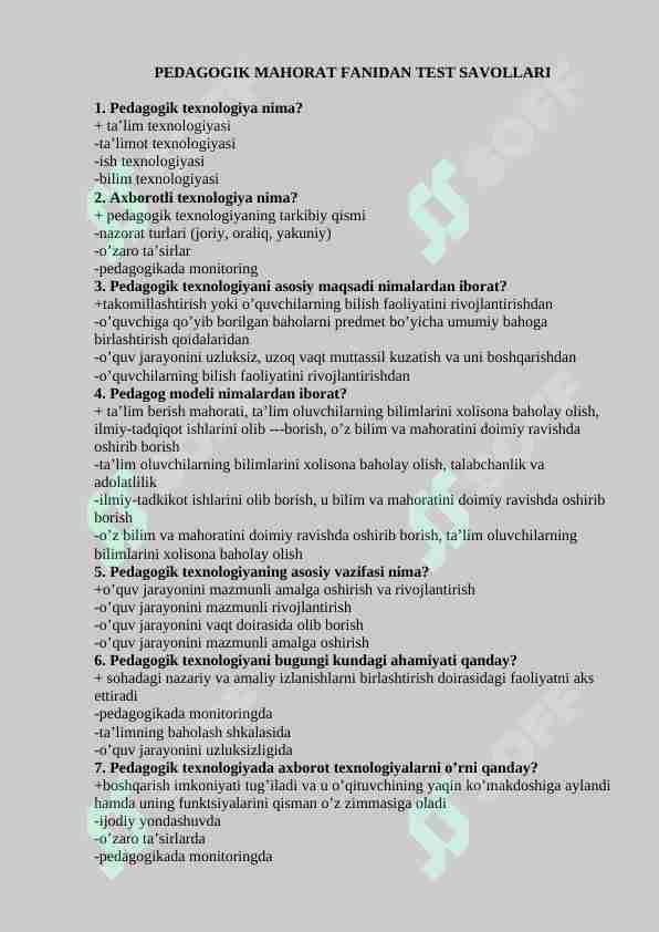 PEDAGOGIK MAHORAT FANIDAN TEST SAVOLLARI. (70 ta savol javoblari bilan)