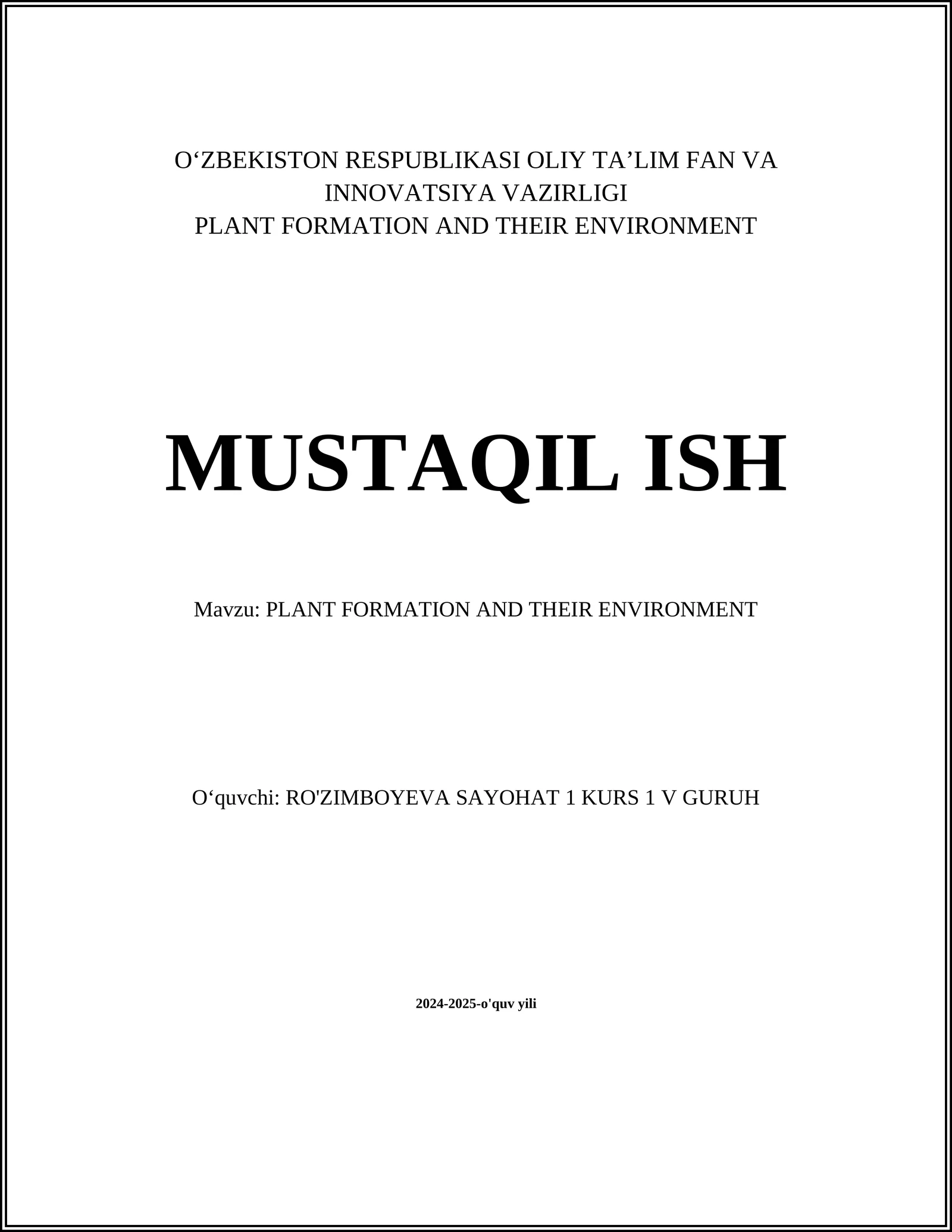 PLANT FORMATION AND THEIR ENVIRONMENT