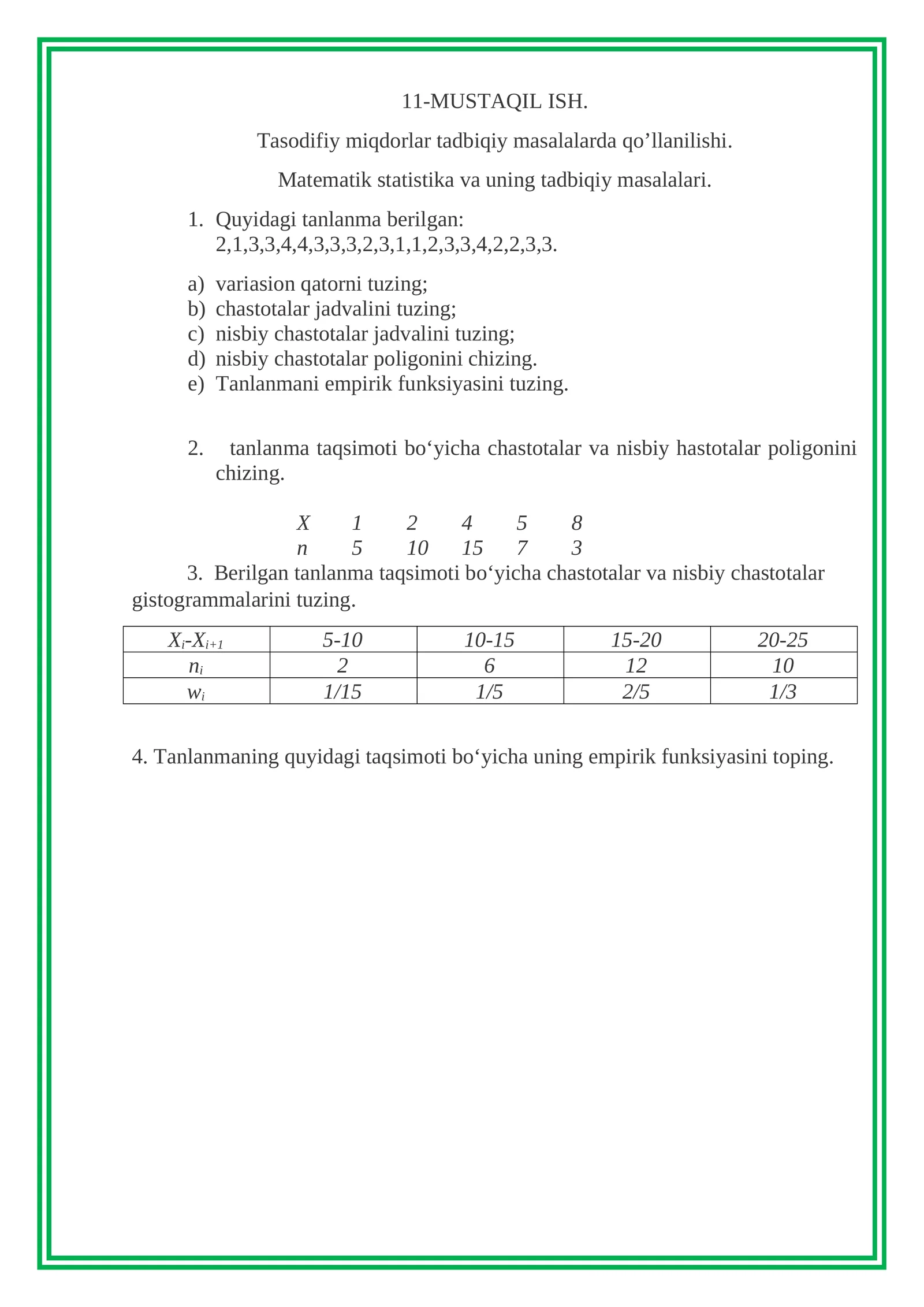 Tasodifiy miqdorlar tadbiqiy masalalarda qo’llanilishi