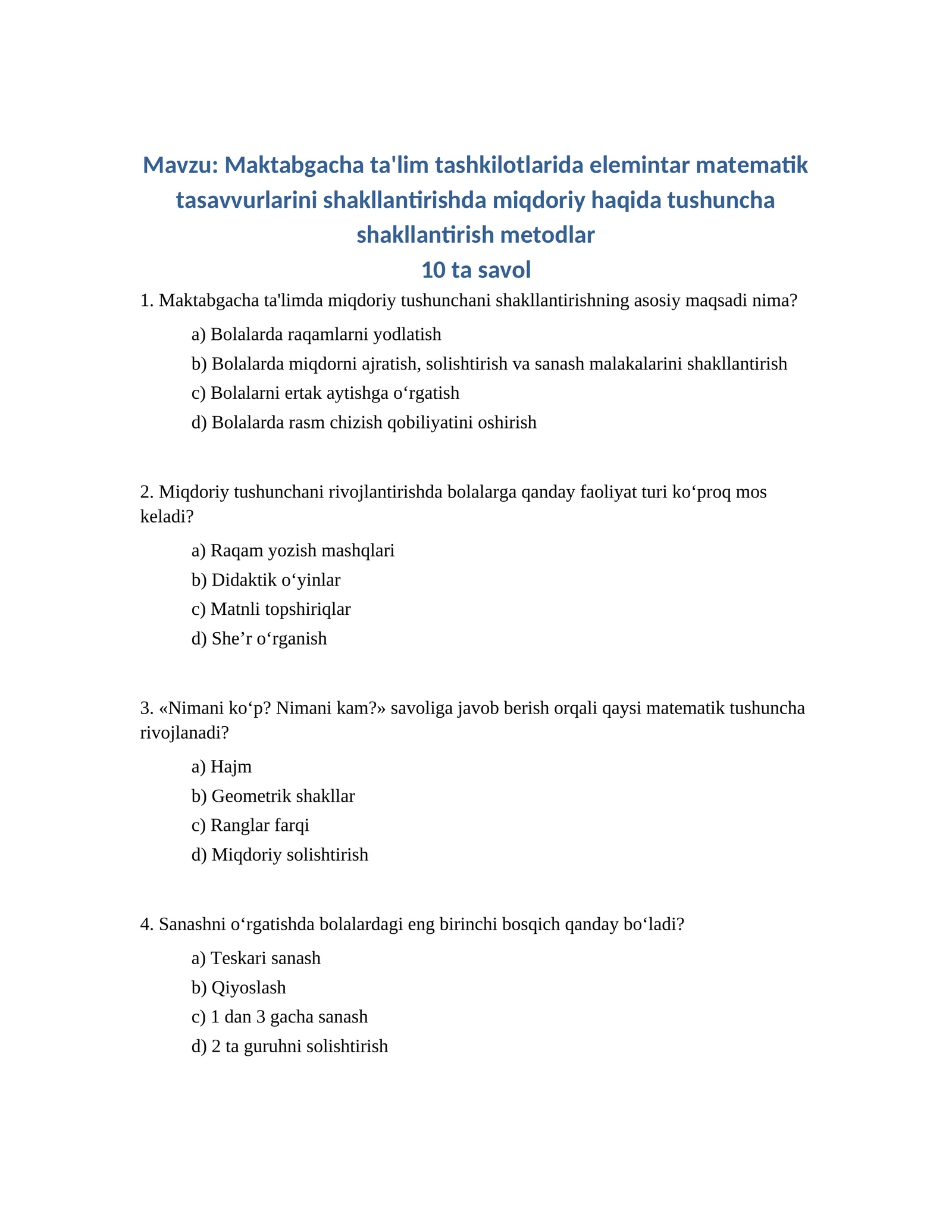 Maktabgacha ta'lim tashkilotlarida elemintar matematik tasavvurlarini shakllantirishda miqdoriy haqida tushuncha shakllantirish metodlar