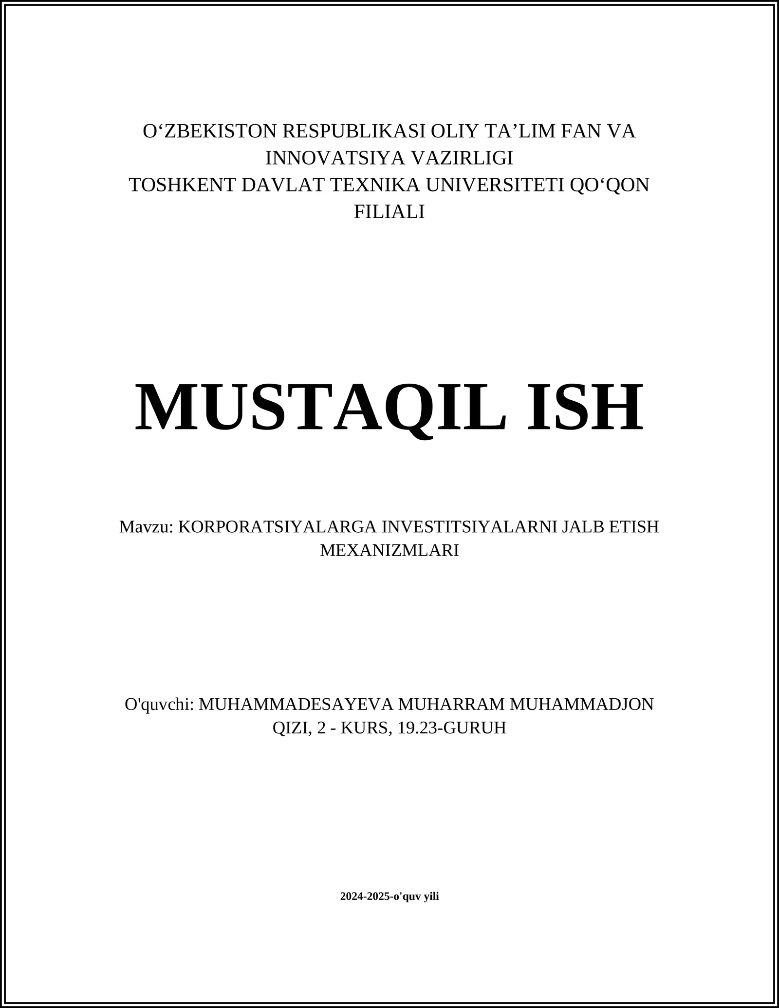 KORPORATSIYALARGA INVESTITSIYALARNI JALB ETISH MEXANIZMLARI