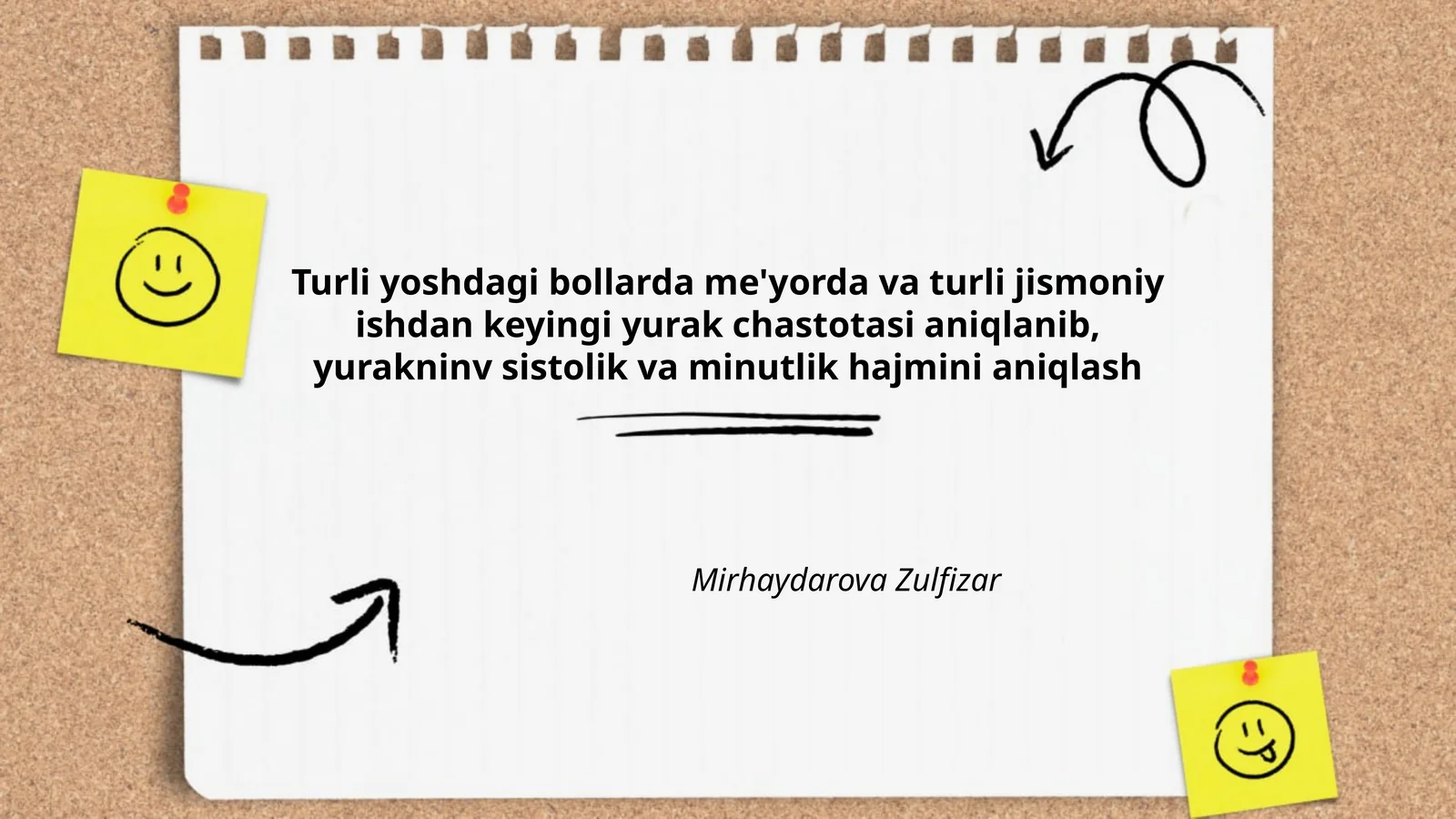 Turli yoshdagi bollarda me'yorda va turli jismoniy ishdan keyingi yurak chastotasi aniqlanib, yurakninv sistolik va minutlik hajmini aniqlash