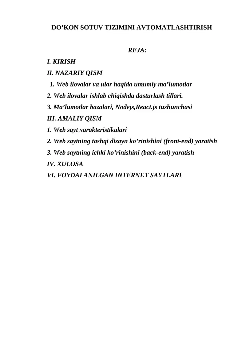 do’konini avtomatlashgan tizimini yaratsih