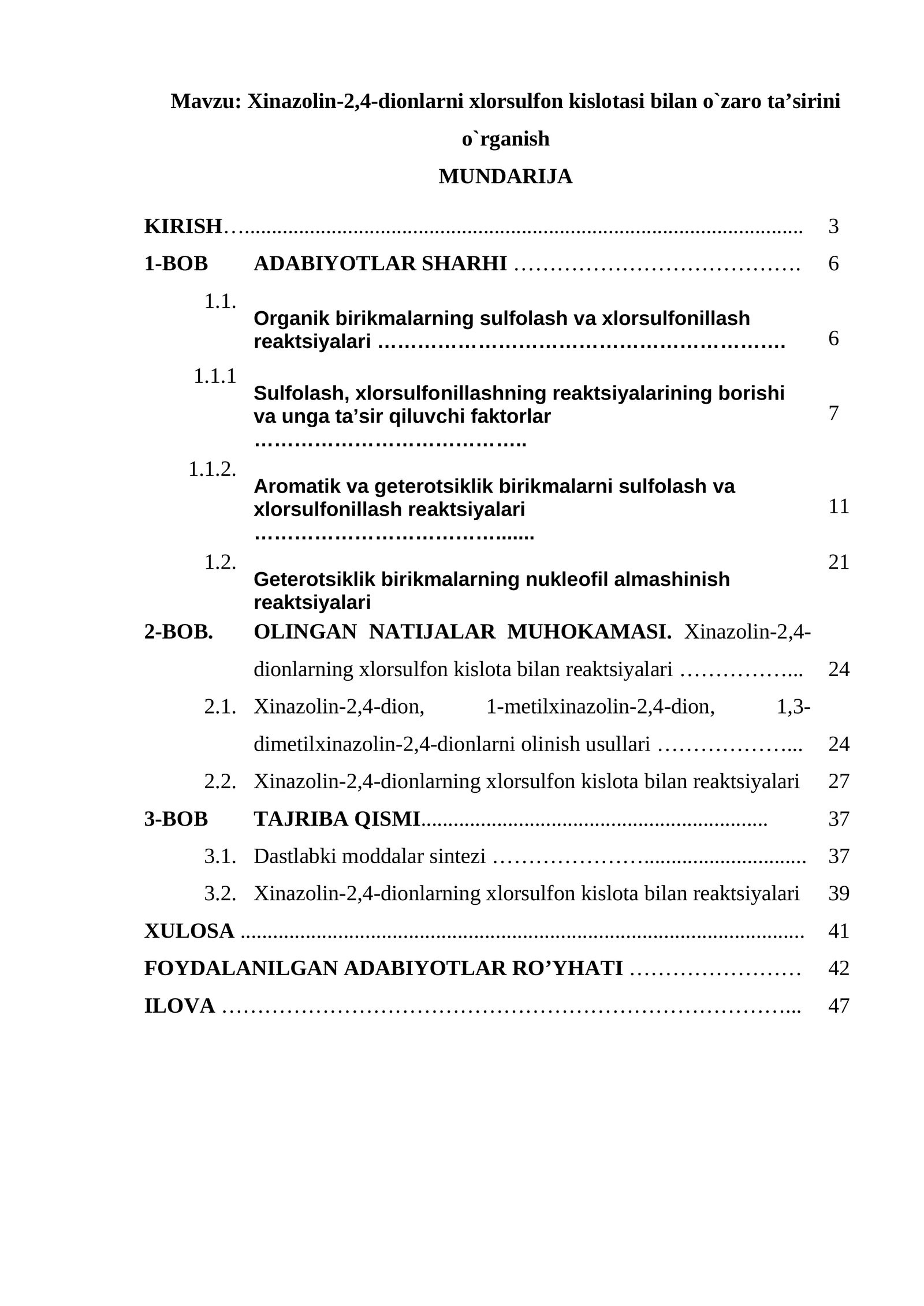 Xinazоlin-2,4-diоnlarni хlоrsulfоn kislоtasi bilan o`zarо ta’sirini o`rganish