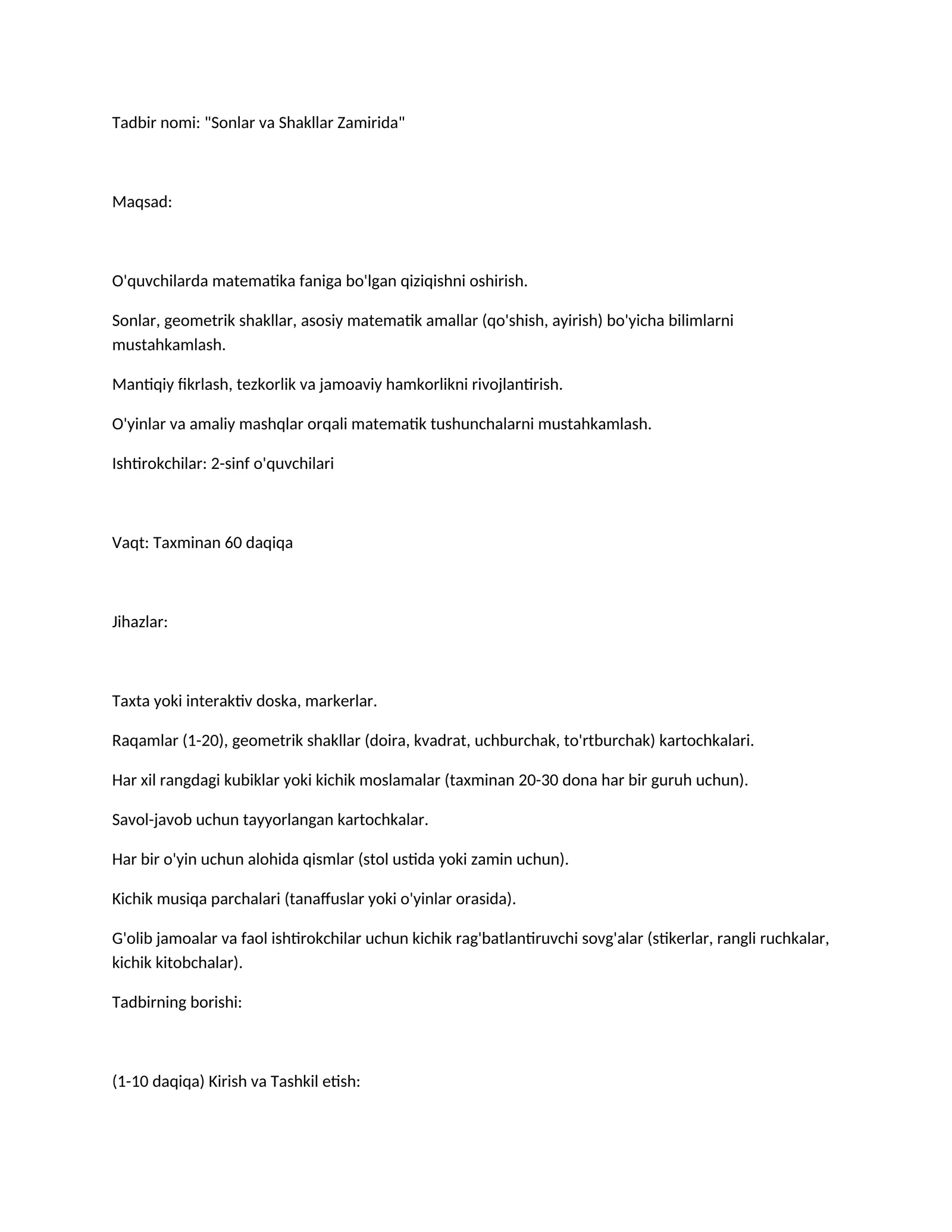 Matematika tadbir ssenariysi " sanlar va shaklllar zamirida
