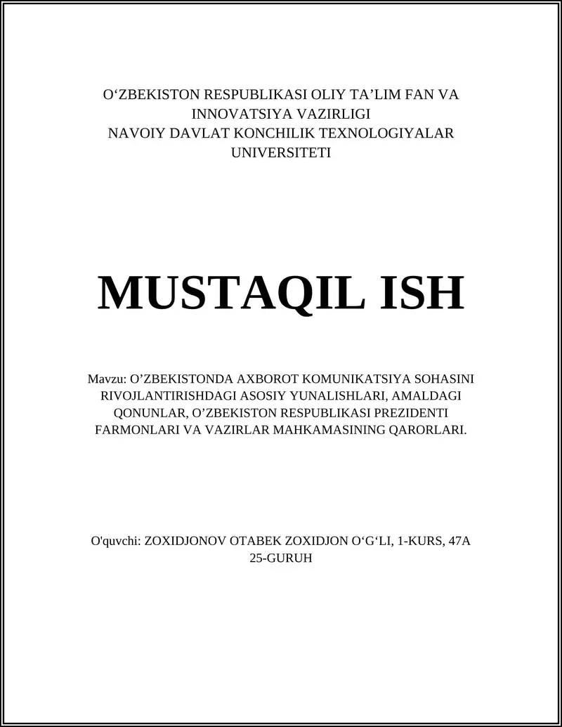O‘zbekistonda Axborot Kommunikatsiya Sohasini Rivojlantirishdagi Asosiy Yunalishlari