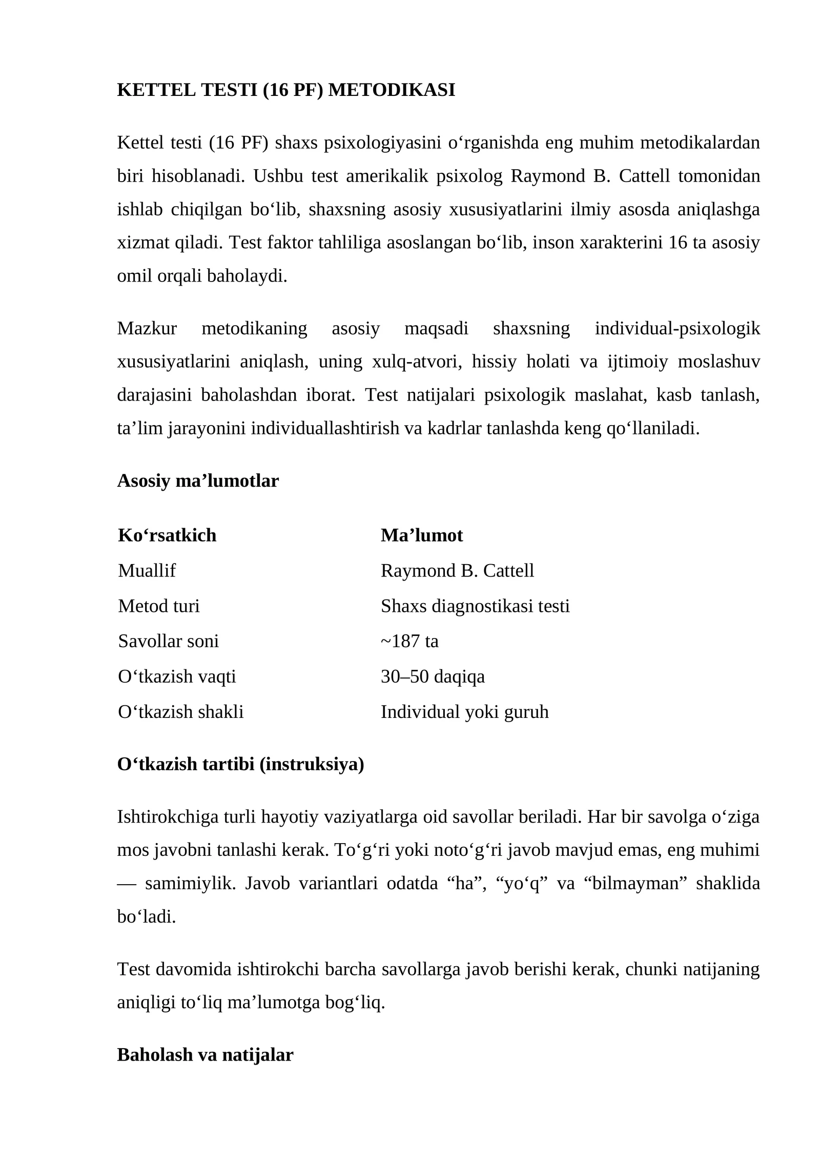 KETTEL TESTI (16 PF) METODIKASI