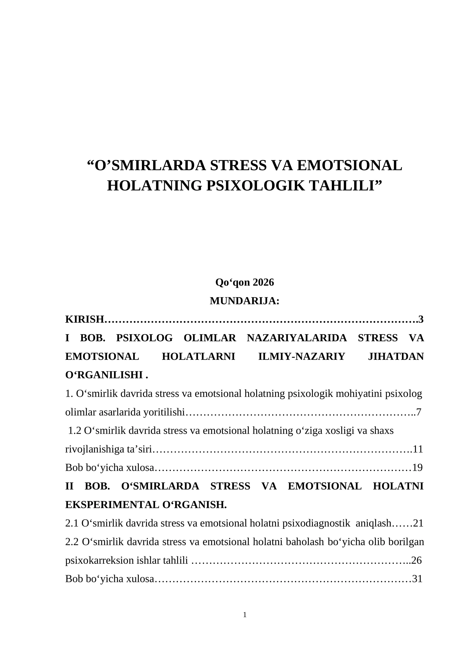 O’SMIRLARDA STRESS VA EMOTSIONAL HOLATNING PSIXOLOGIK TAHLILI