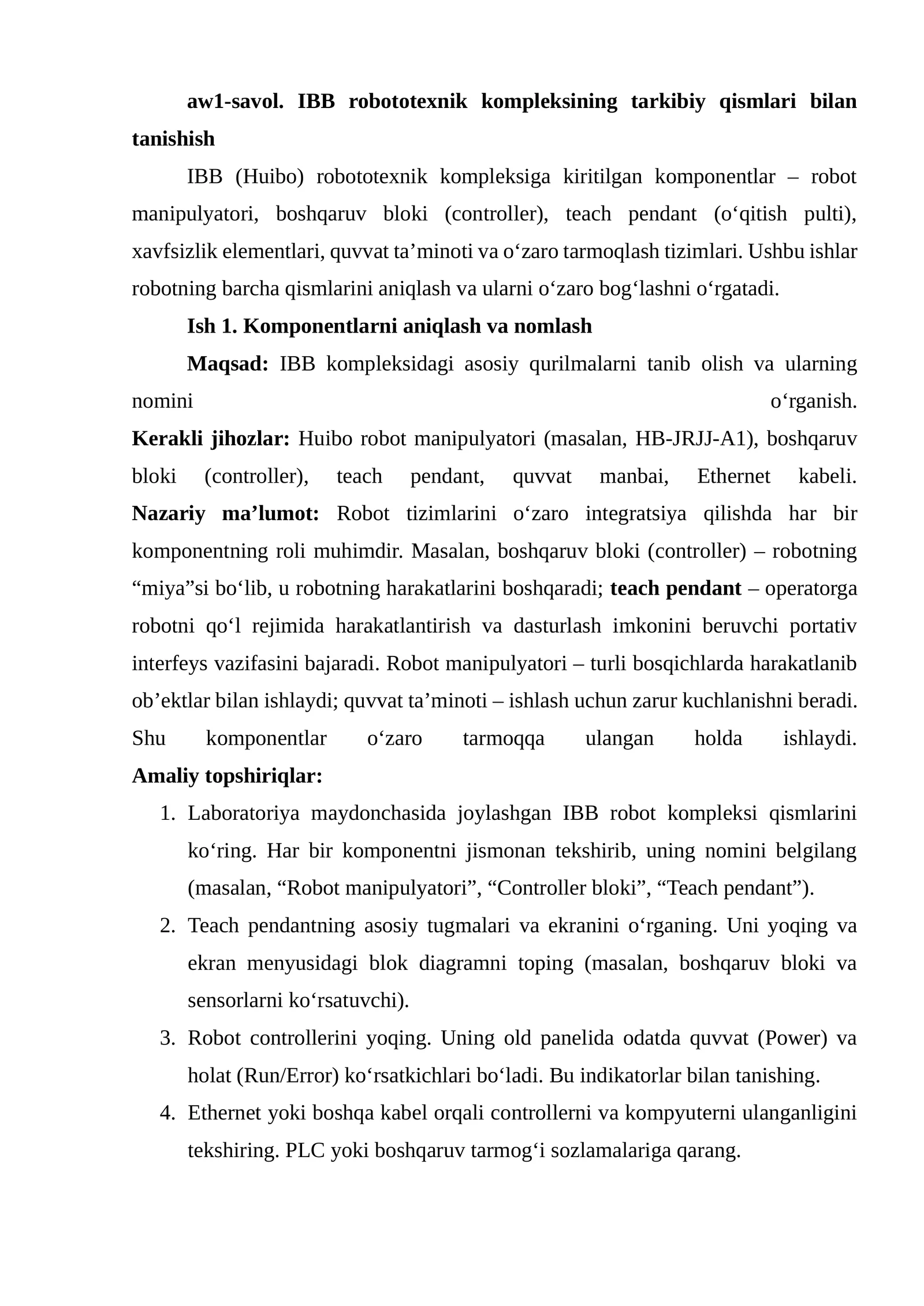 IBB robototexnik kompleksining tarkibiy qismlari bilan tanishish