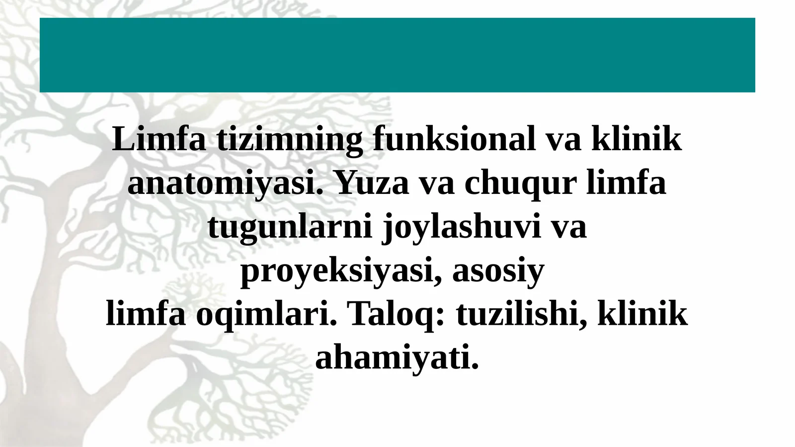Limfa tizimning funksional va klinik anatomiyasi. Yuza va chuqur limfa tugunlarni joylashuvi va proyeksiyasi, asosiy limfa oqimlari. Taloq: tuzilishi, klinik ahamiyati.