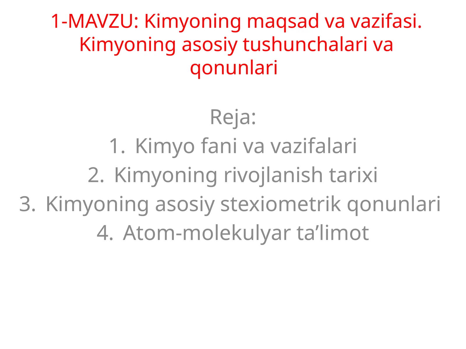 Kimyoning maqsadi va vazifasi. Kimyoning asosiy tushunchalari va qonunlari
