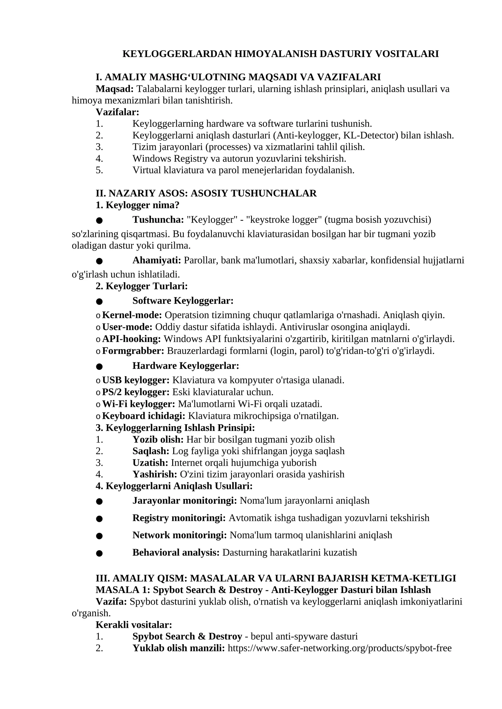 KEYLOGGERLARDAN HIMOYALANISH DASTURIY VOSITALARI