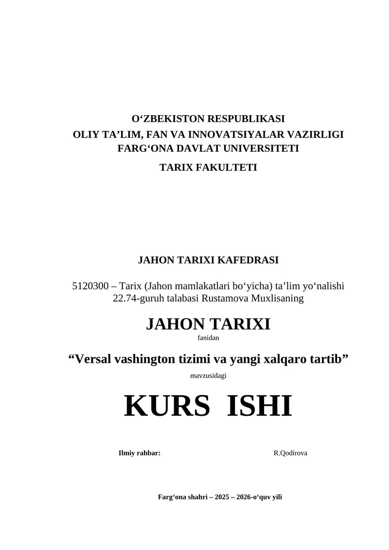 Versal vashington tizimi va yangi xalqaro tartib