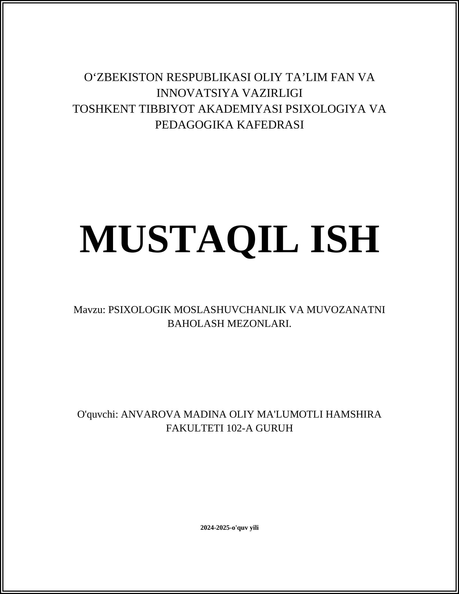 PSIXOLOGIK MOSLASHUVCHANLIK VA MUVOZANATNI BAHOLASH MEZONLARI