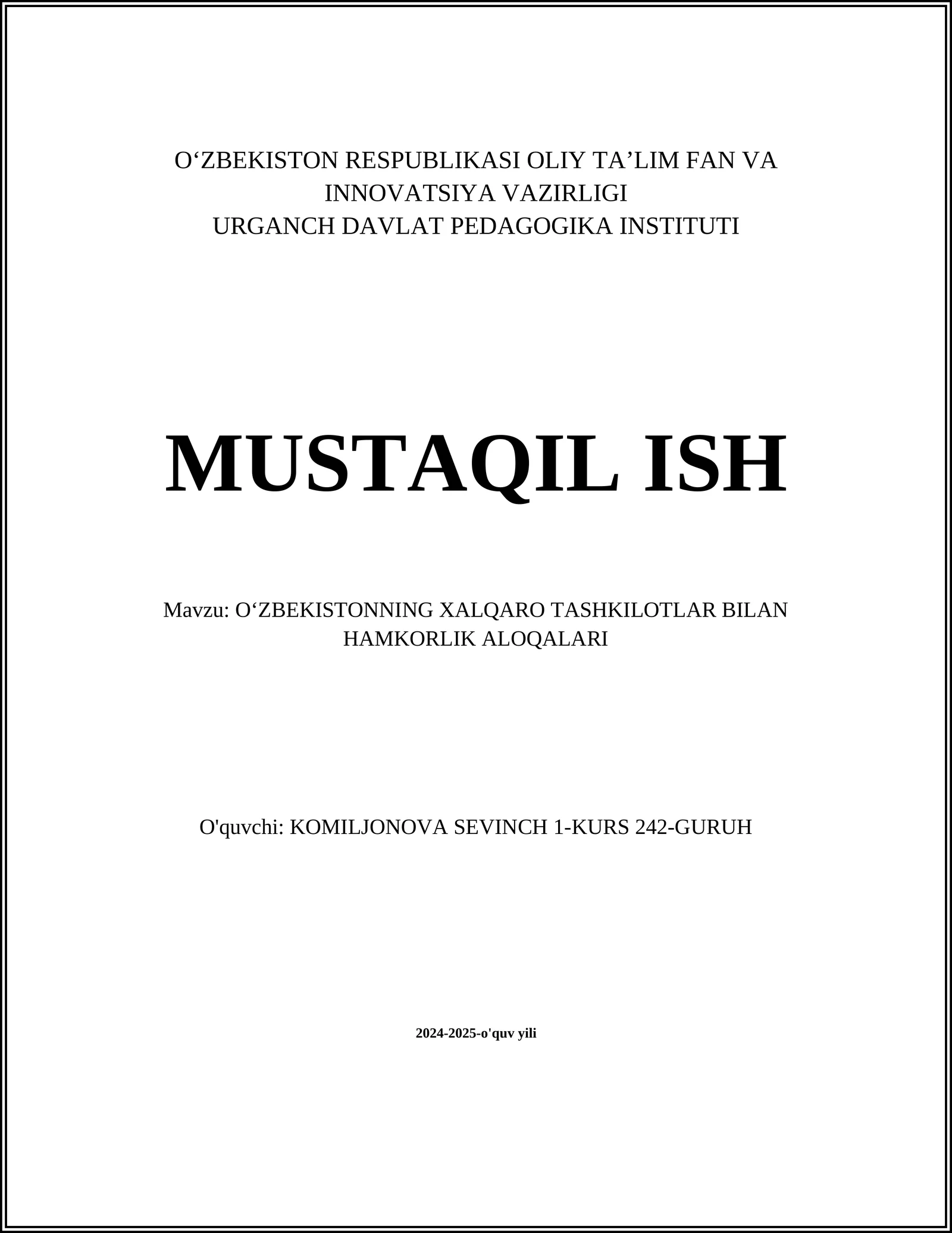 Oāzbekistonning Xalqaro Tashkilotlar Bilan Hamkorlik Aloqalari