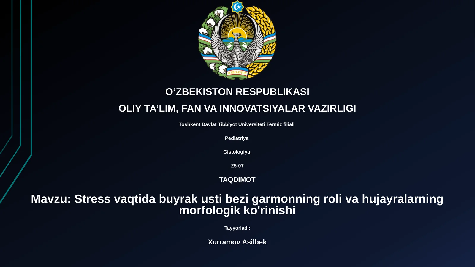 Stress vaqtida buyrak usti bezi garmonning roli va hujayralarning morfologik ko'rinishi
