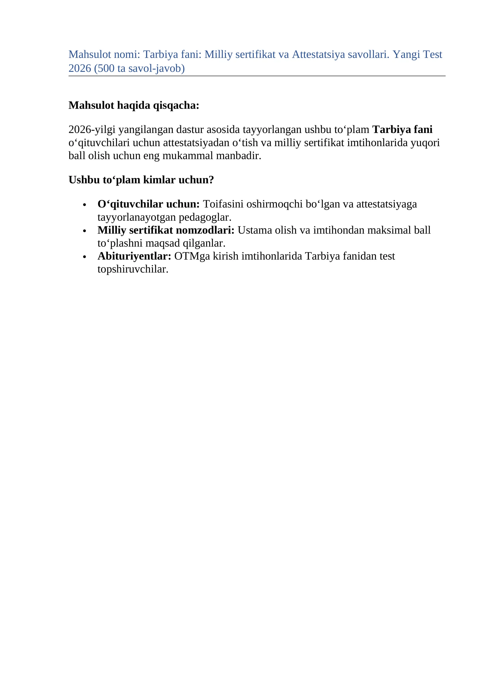 Tarbiya fani: Milliy sertifikat va Attestatsiya savollari. Yangi Test 2026 (500 ta savol-javob)