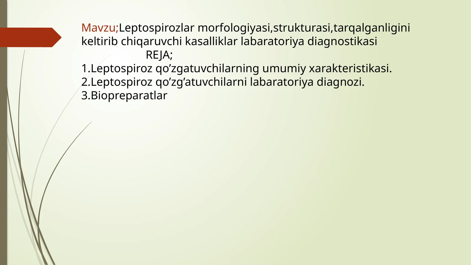 Leptospirozlar morfologiyasi,strukturasi,tarqalganligini keltirib chiqaruvchi kasalliklar labaratoriya diagnostikasi