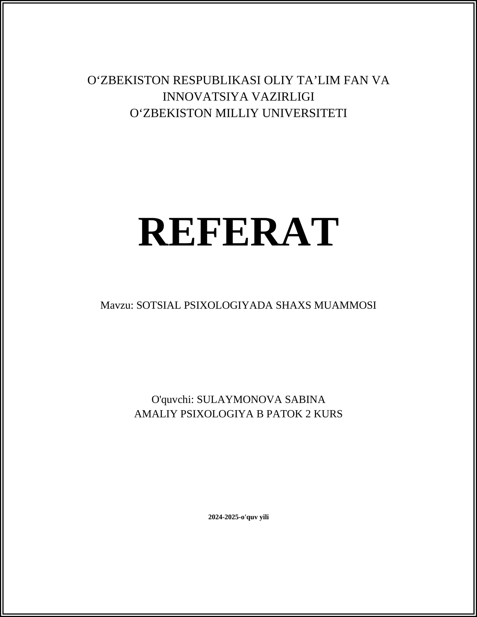 SOTSIAL PSIXOLOGIYADA SHAXS MUAMMOSI