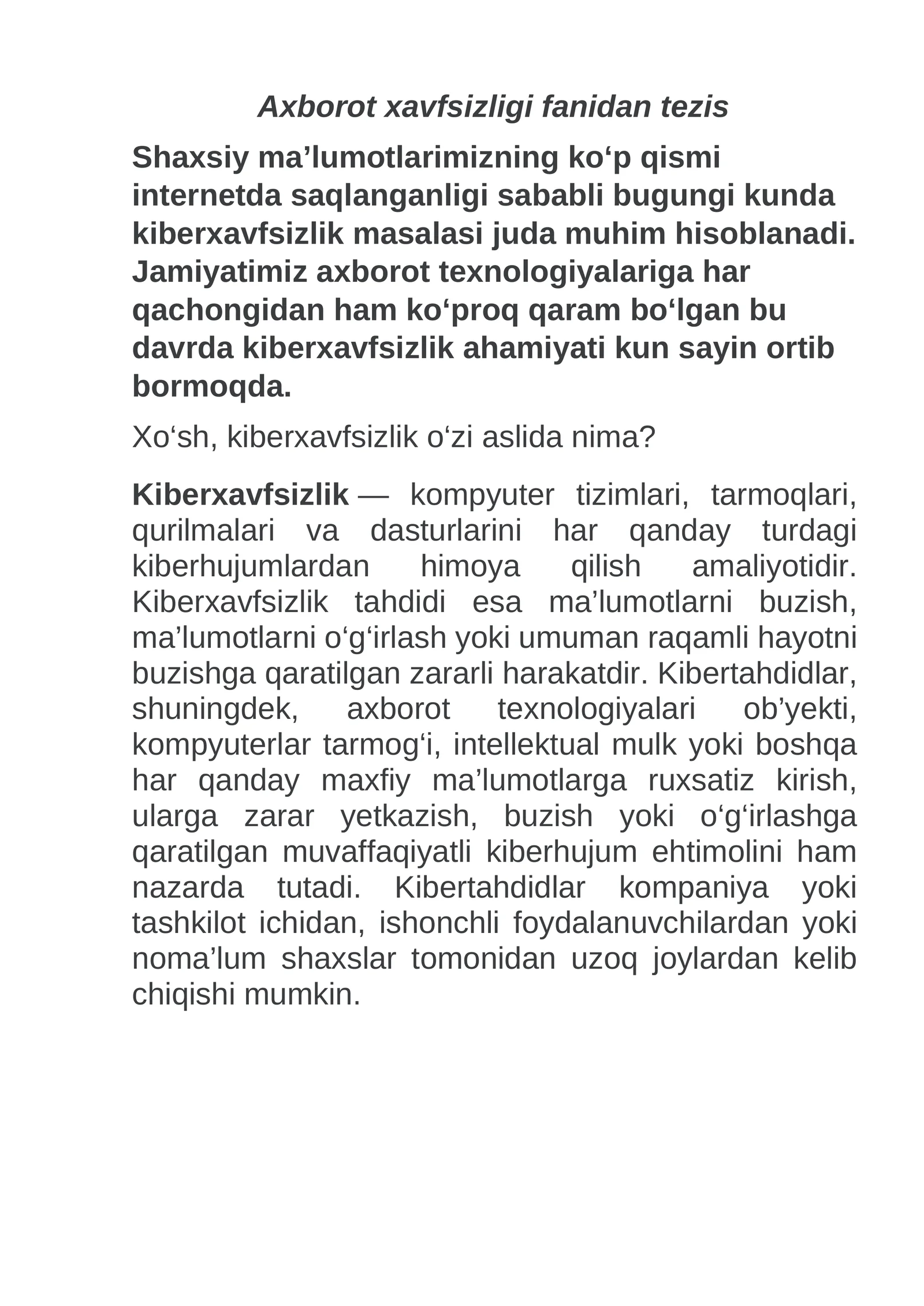 Axborot xavfsizligi fanidan tezis