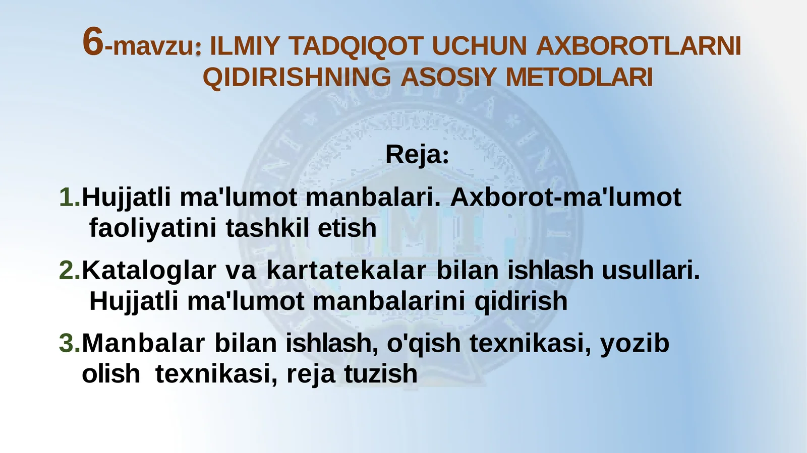 ILMIY TADQIQOT UCHUN AXBOROTLARNI QIDIRISHNING ASOSIY METODLARI