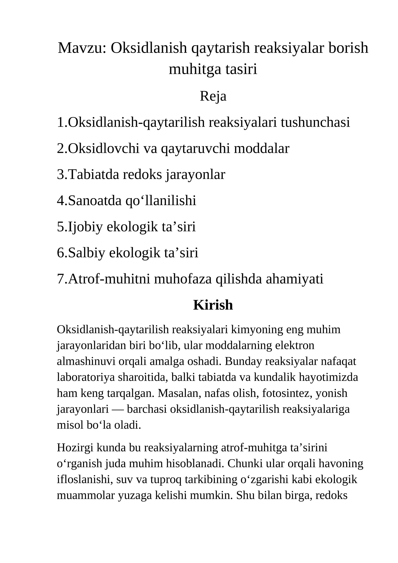 oksidlanish qaytarilish riyaisiyalar borish muhitga tasiri