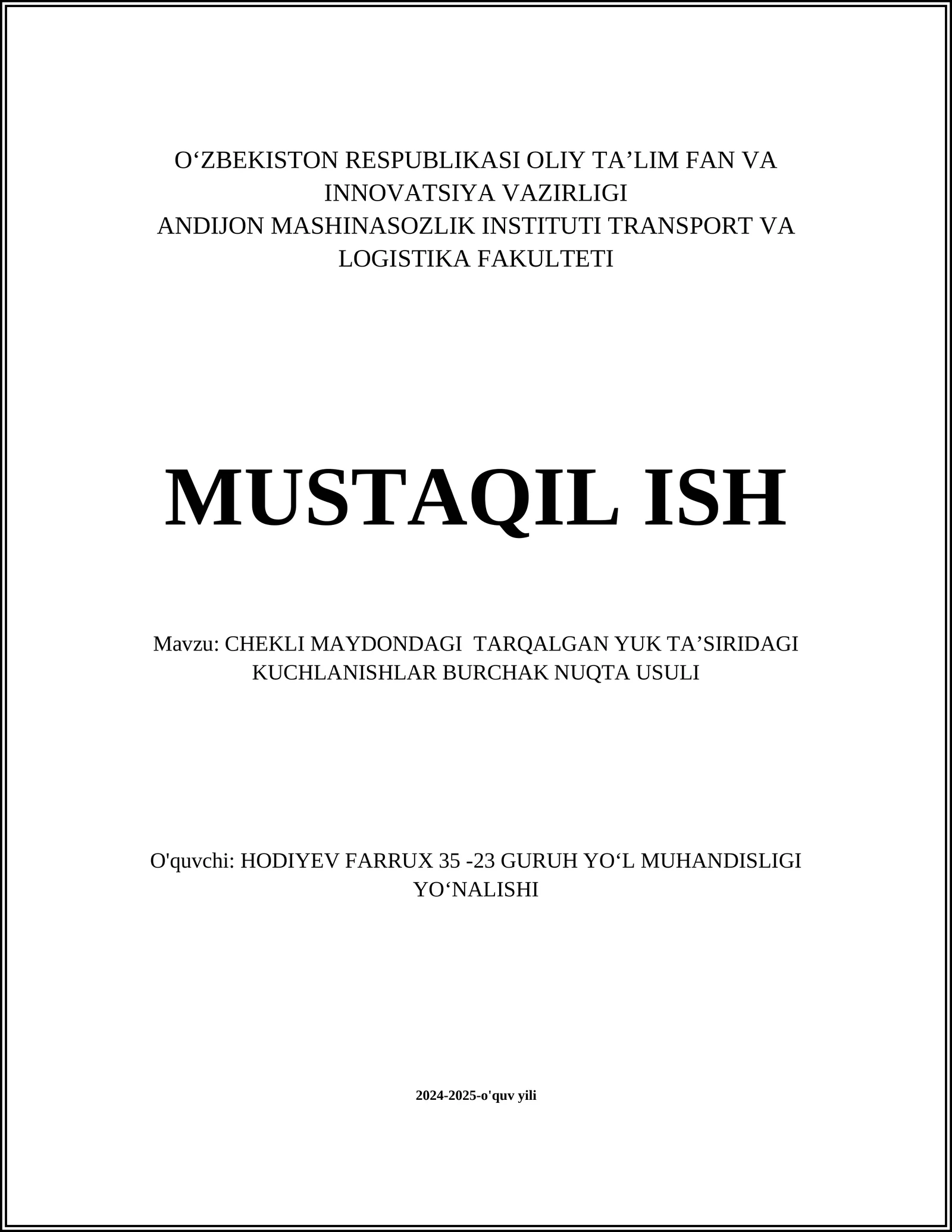 CHEKLI MAYDONDAGI TARQALGAN YUK TAʼSIRIDAGI KUCHLANISHLAR BURCHAK NUQTA USULI