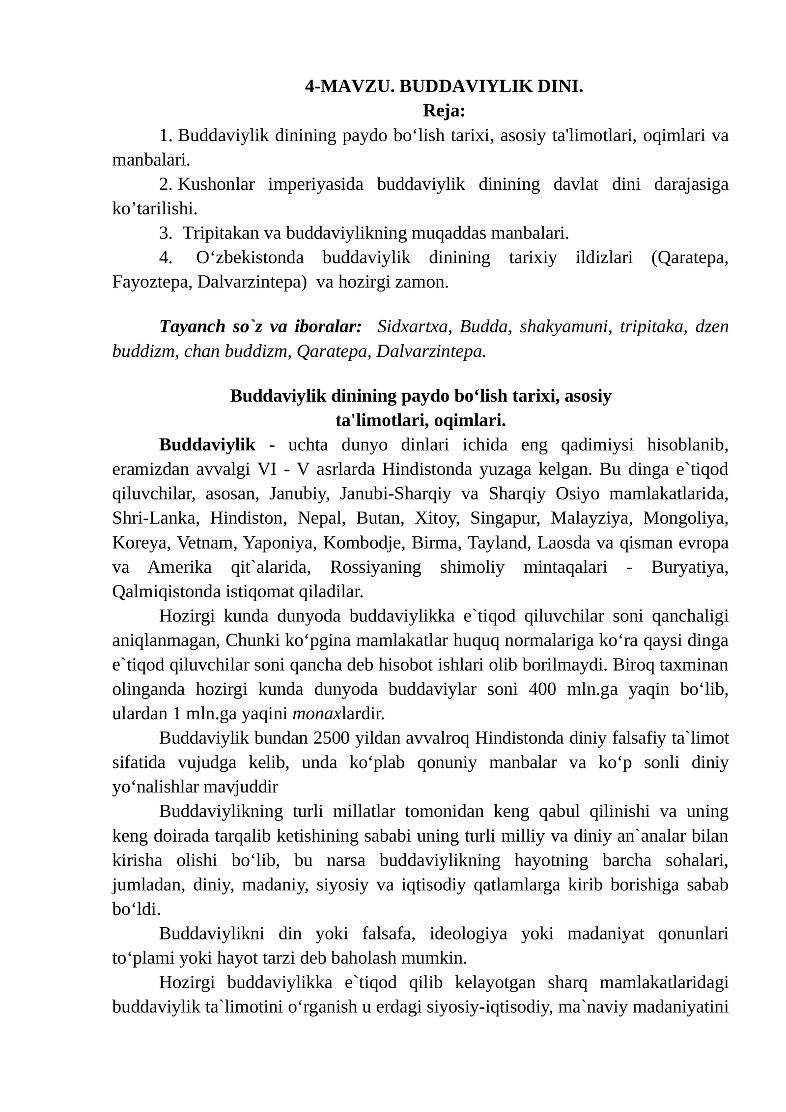 4-mavzu: Buddaviylik dini
