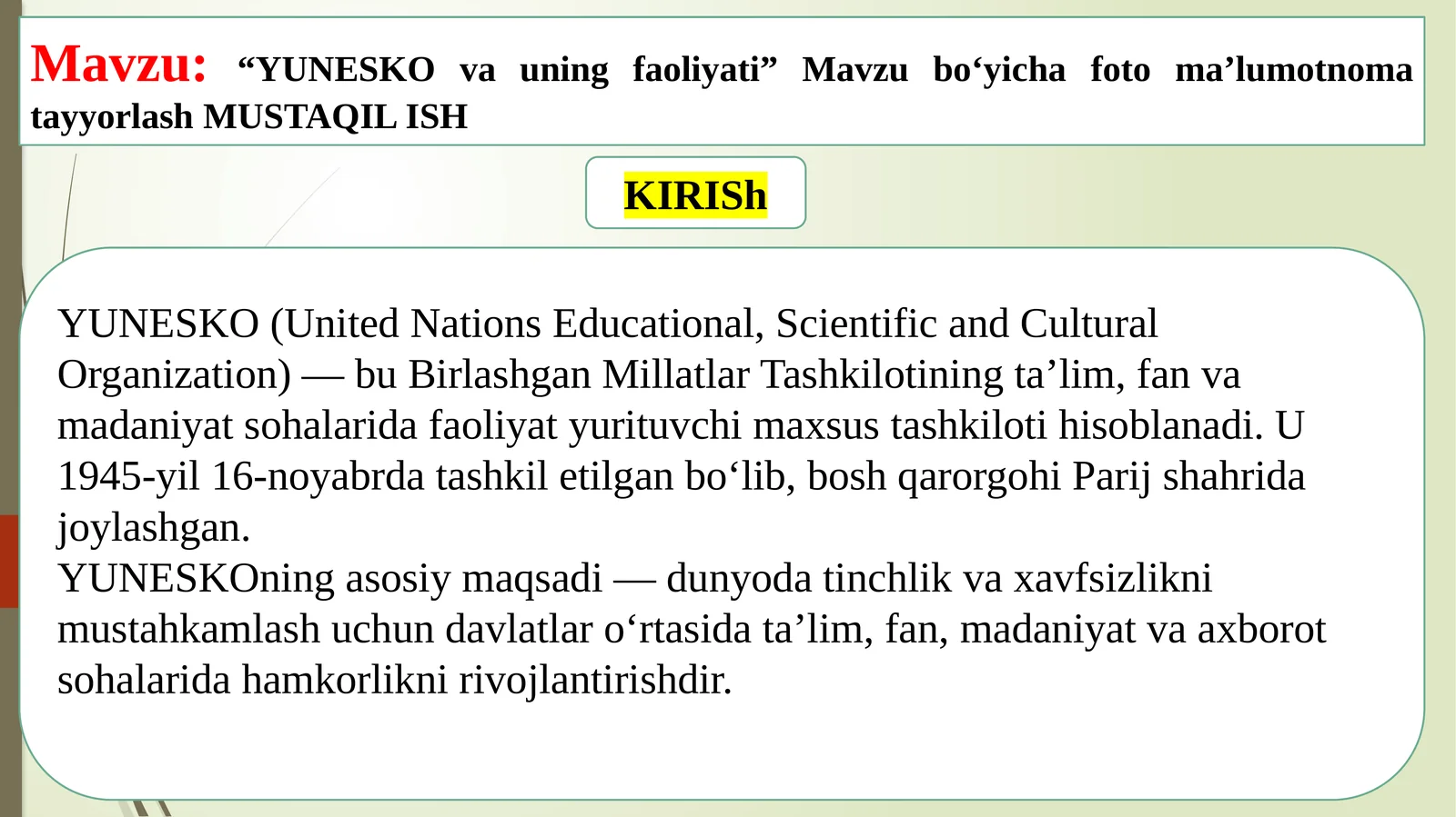 YUNESKO va uning faoliyati